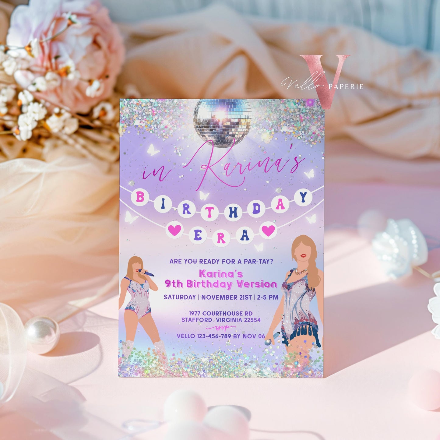 Swifti Par-Tay Birthday Party Invitation Photo | Purple Silver Sparkle Taylor Eras Music Party Invite | It's Me Hi, In My Birthday Era TSP01