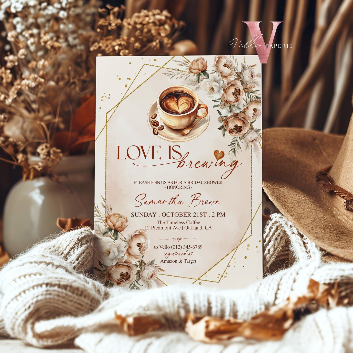 Love is Brewing Bridal Shower Invitation | Editable Coffee Lover Bride Shower Invite | Autumn Brunch Wedding Shower, Rustic Bridal Shower
