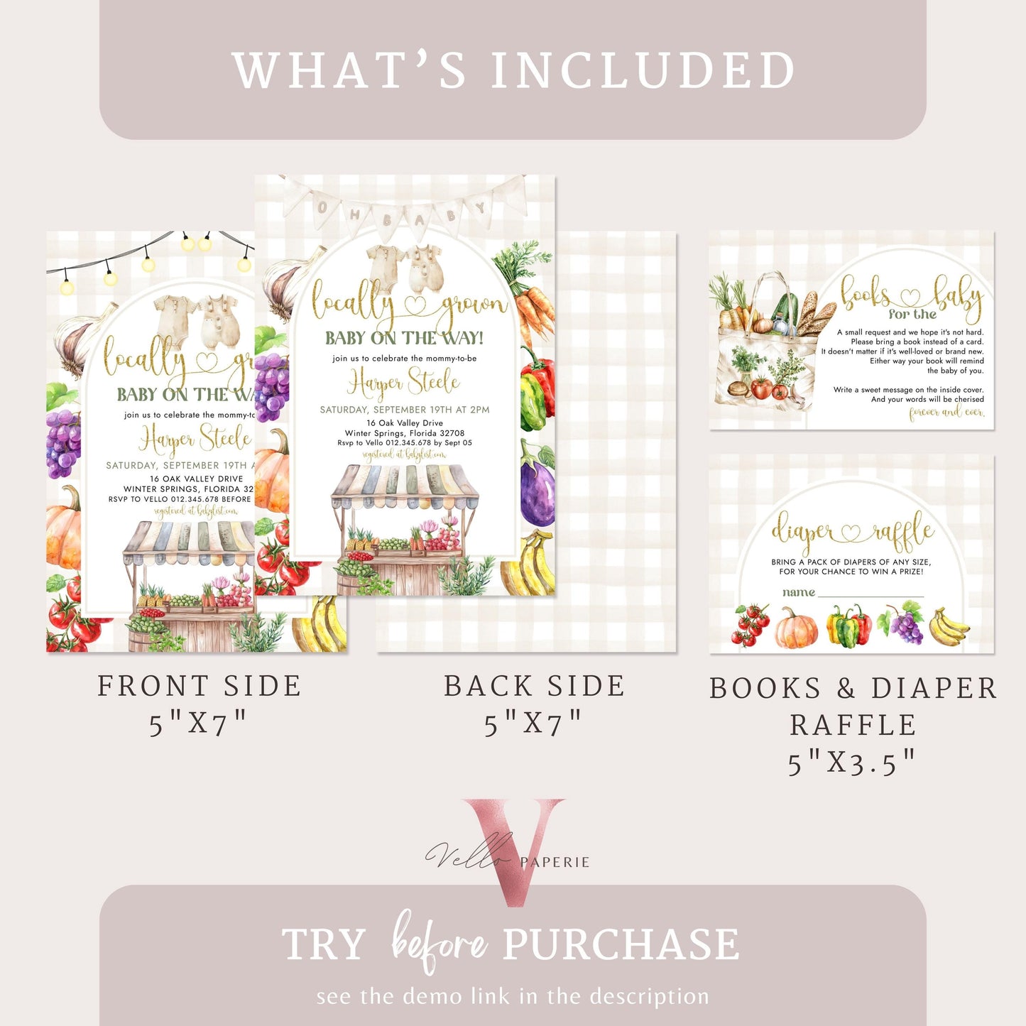 Farmer's Market Baby Shower Invite | Locally Grown Baby Shower Invitation Bundle | Organic Baby Shower Books for Baby, Diaper Raffle Instant