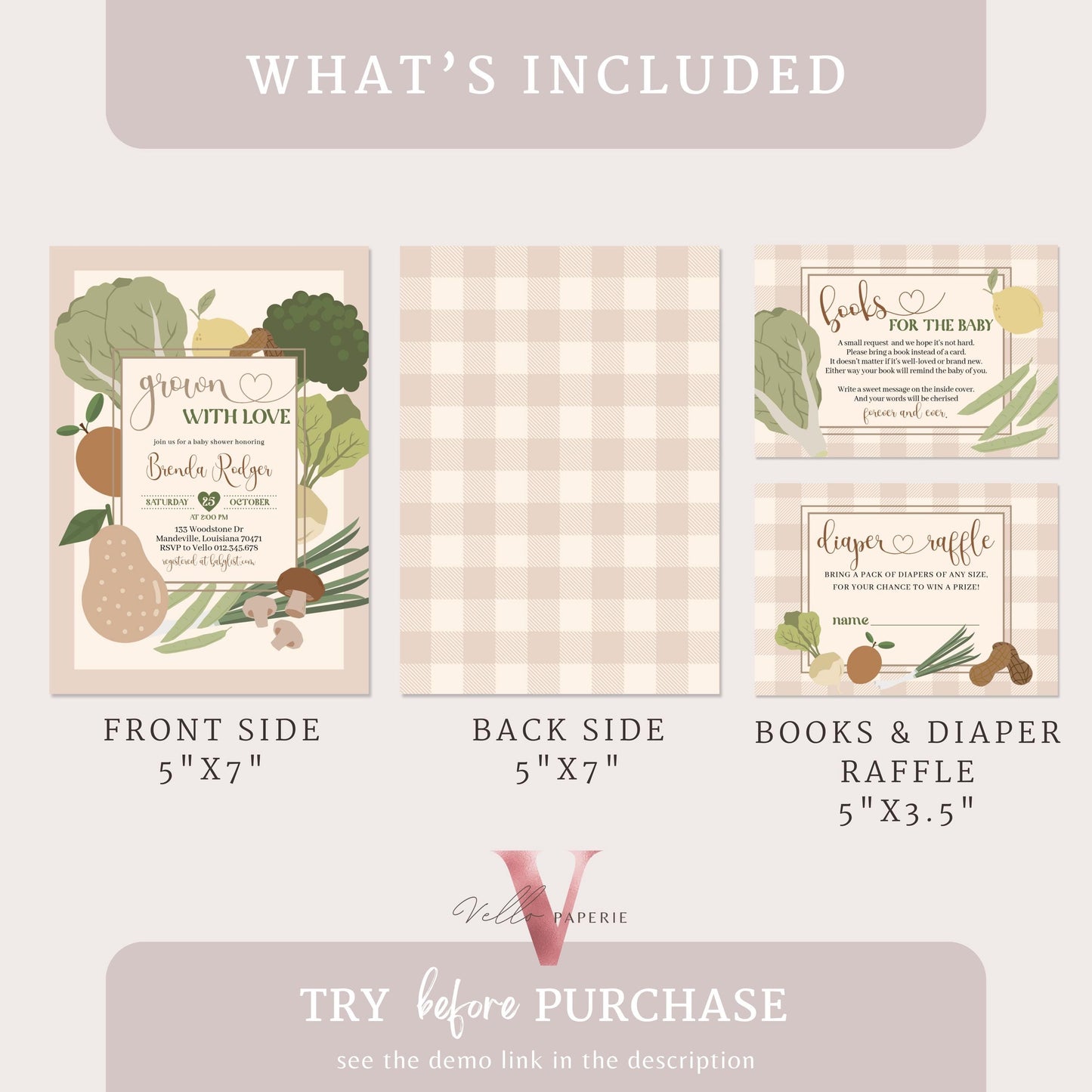 Locally Grown Baby Shower Invitation Bundle | Farmer's Market Baby Shower Invite | Organic Baby Shower Books for Baby, Diaper Raffle Instant