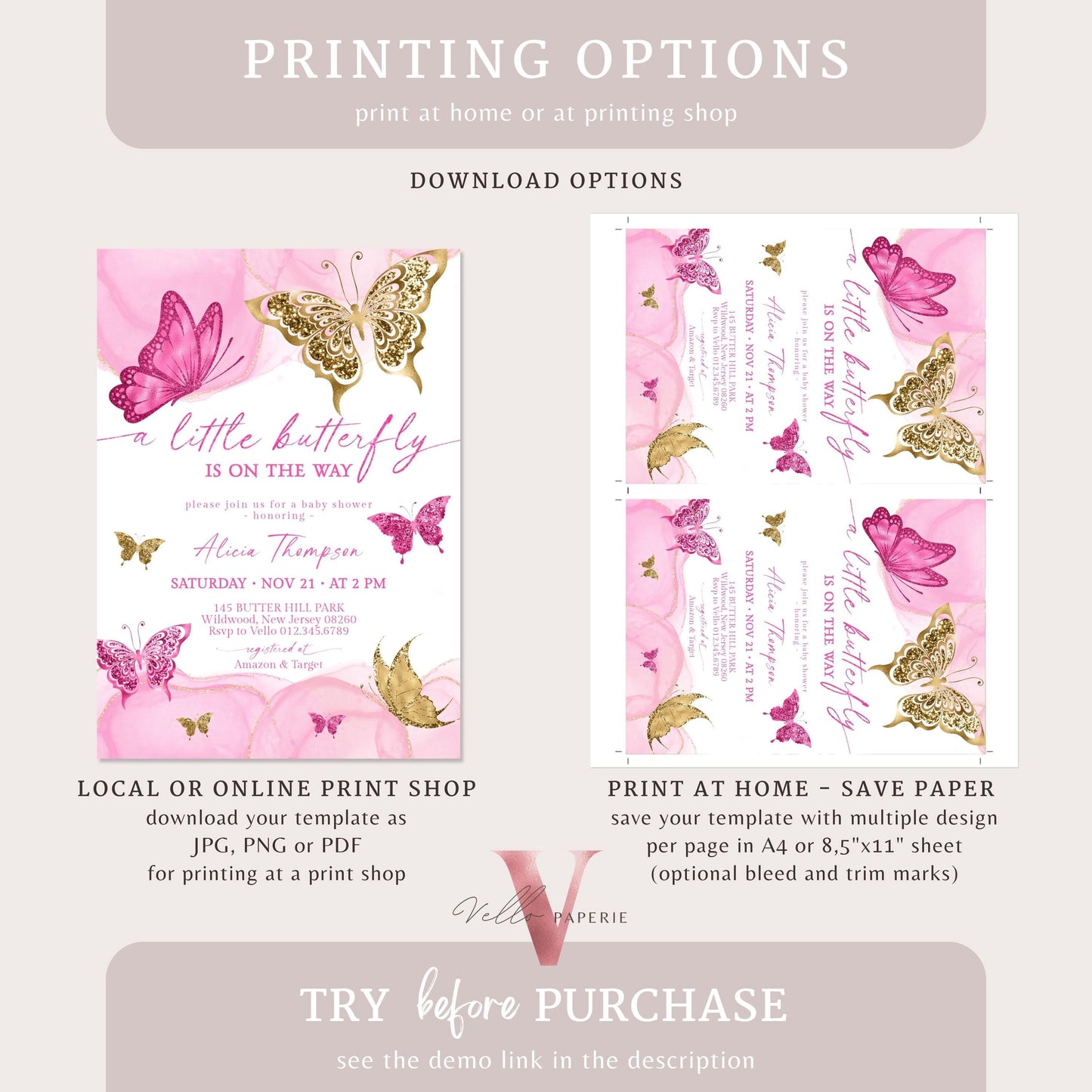Bundle Pink Gold Watercolor Butterfly Baby Shower Party Invitation | Baby Butterfly Welcome Party Invite | Diaper Raffle, Book for Baby, TQ