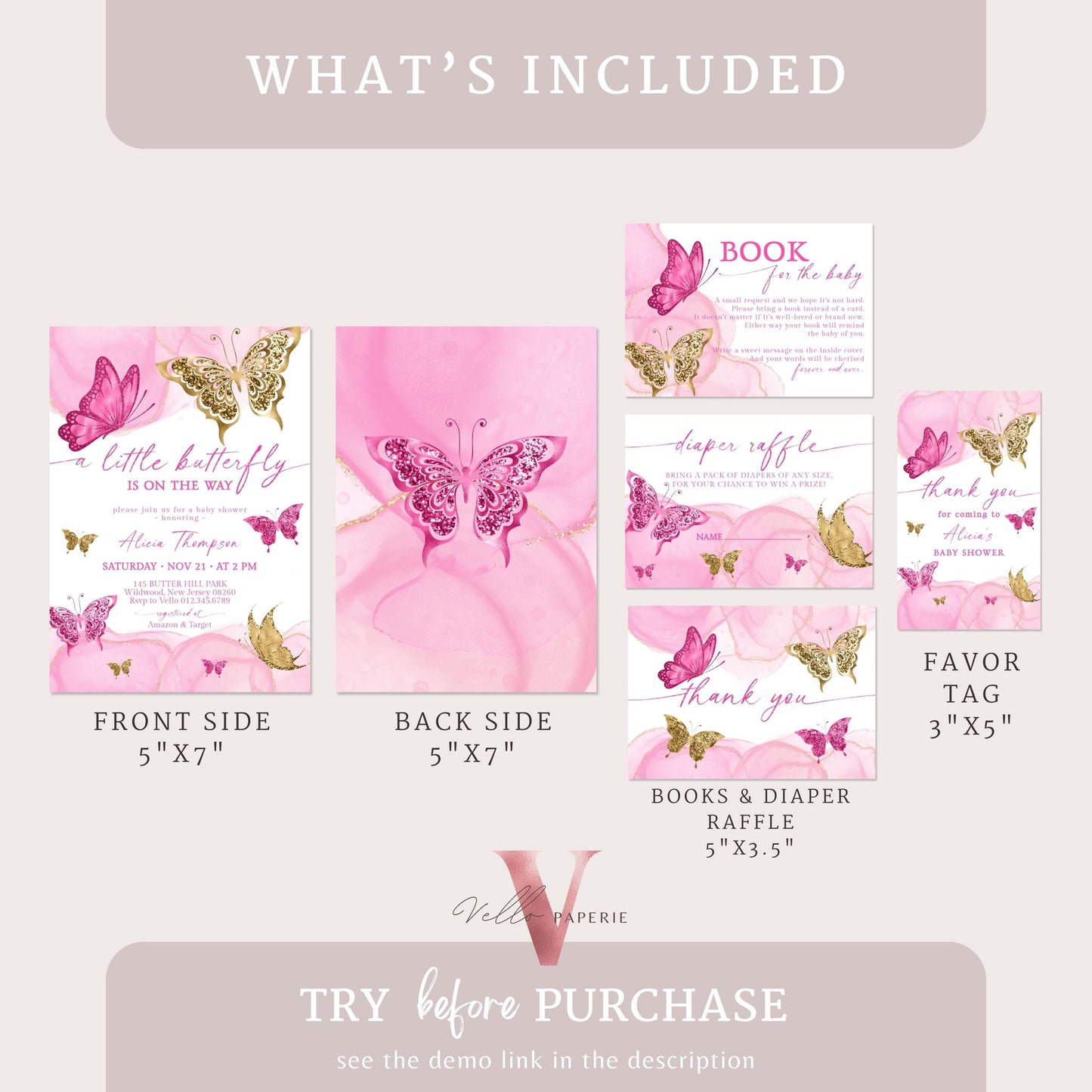 Bundle Pink Gold Watercolor Butterfly Baby Shower Party Invitation | Baby Butterfly Welcome Party Invite | Diaper Raffle, Book for Baby, TQ