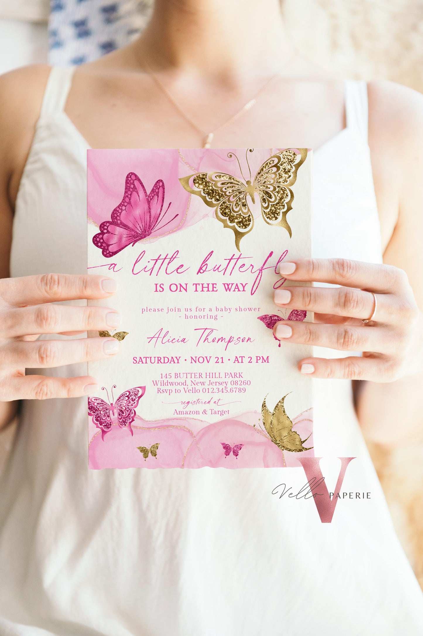 Bundle Pink Gold Watercolor Butterfly Baby Shower Party Invitation | Baby Butterfly Welcome Party Invite | Diaper Raffle, Book for Baby, TQ