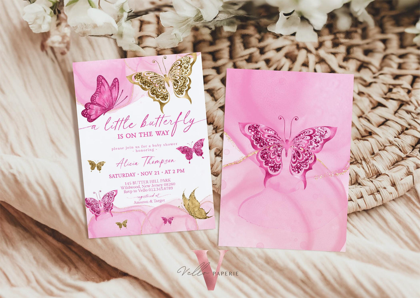 Bundle Pink Gold Watercolor Butterfly Baby Shower Party Invitation | Baby Butterfly Welcome Party Invite | Diaper Raffle, Book for Baby, TQ