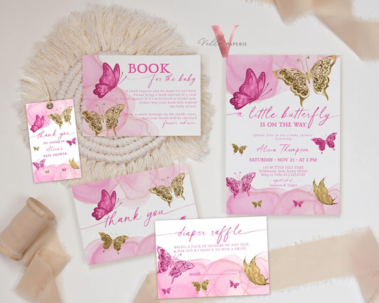 Bundle Pink Gold Watercolor Butterfly Baby Shower Party Invitation | Baby Butterfly Welcome Party Invite | Diaper Raffle, Book for Baby, TQ