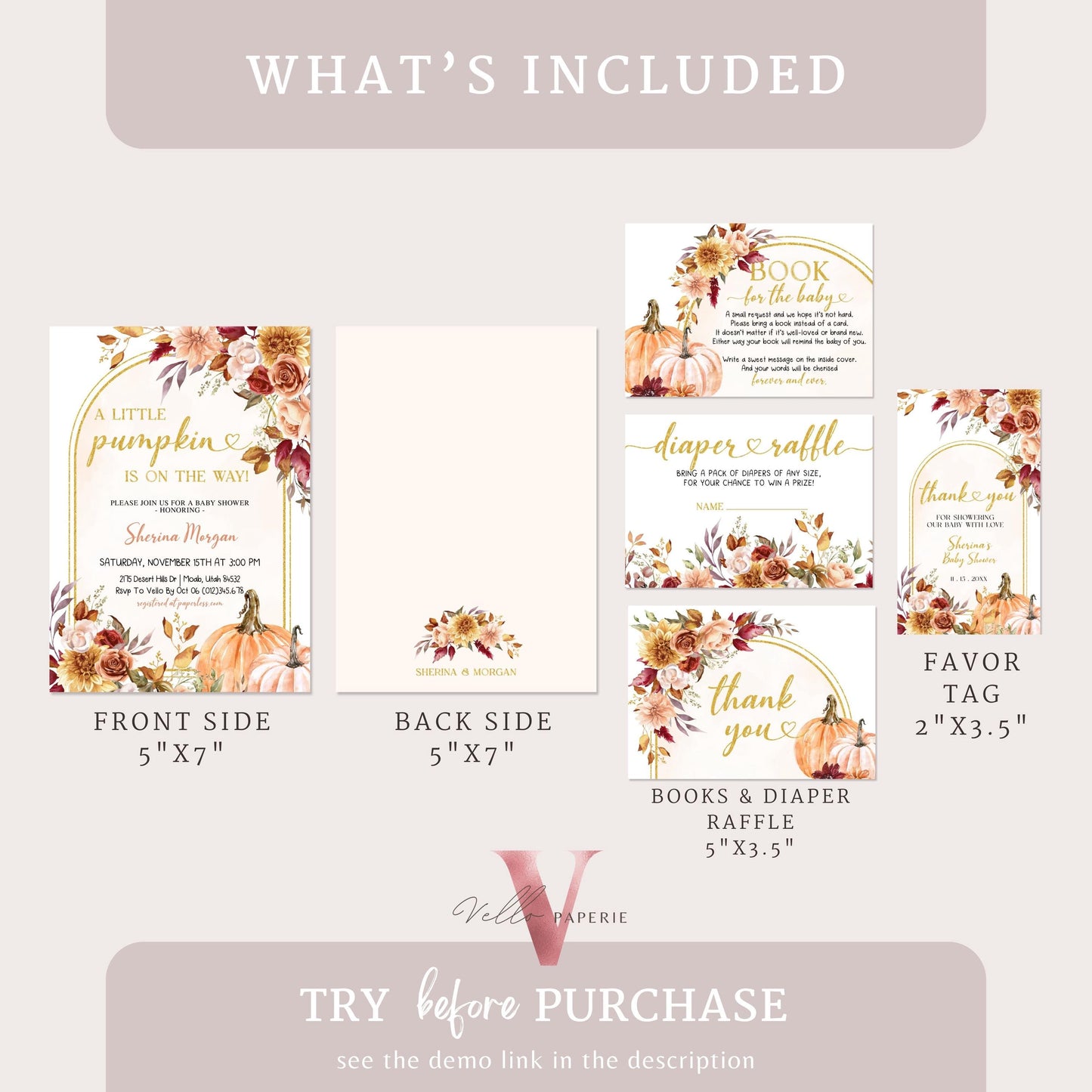 Little Pumpkin Fall Baby Shower Invitation Bundle | Autumn Floral Pumpkin Baby | Gold Baby Shower Invite, Diaper, Book, TQ, Favor Tag  FPB01