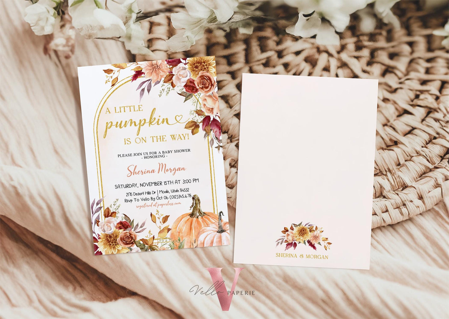 Little Pumpkin Fall Baby Shower Invitation Bundle | Autumn Floral Pumpkin Baby | Gold Baby Shower Invite, Diaper, Book, TQ, Favor Tag  FPB01