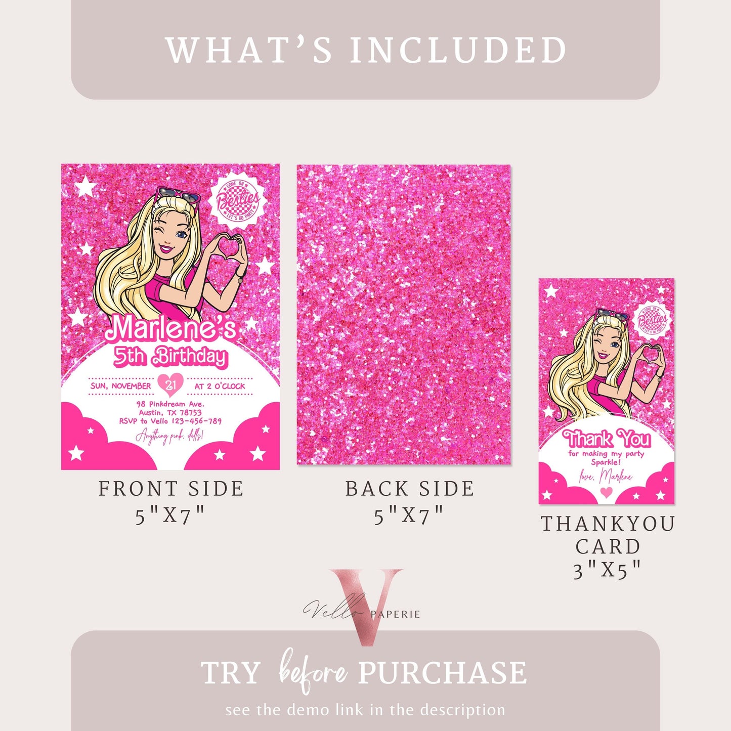 Editable Fashion Pink Doll Sparkle Cartoon Birthday Invitation | Pink Doll Glitter | Cute Pink Barbi Princess Party Invite Instant  HPD02