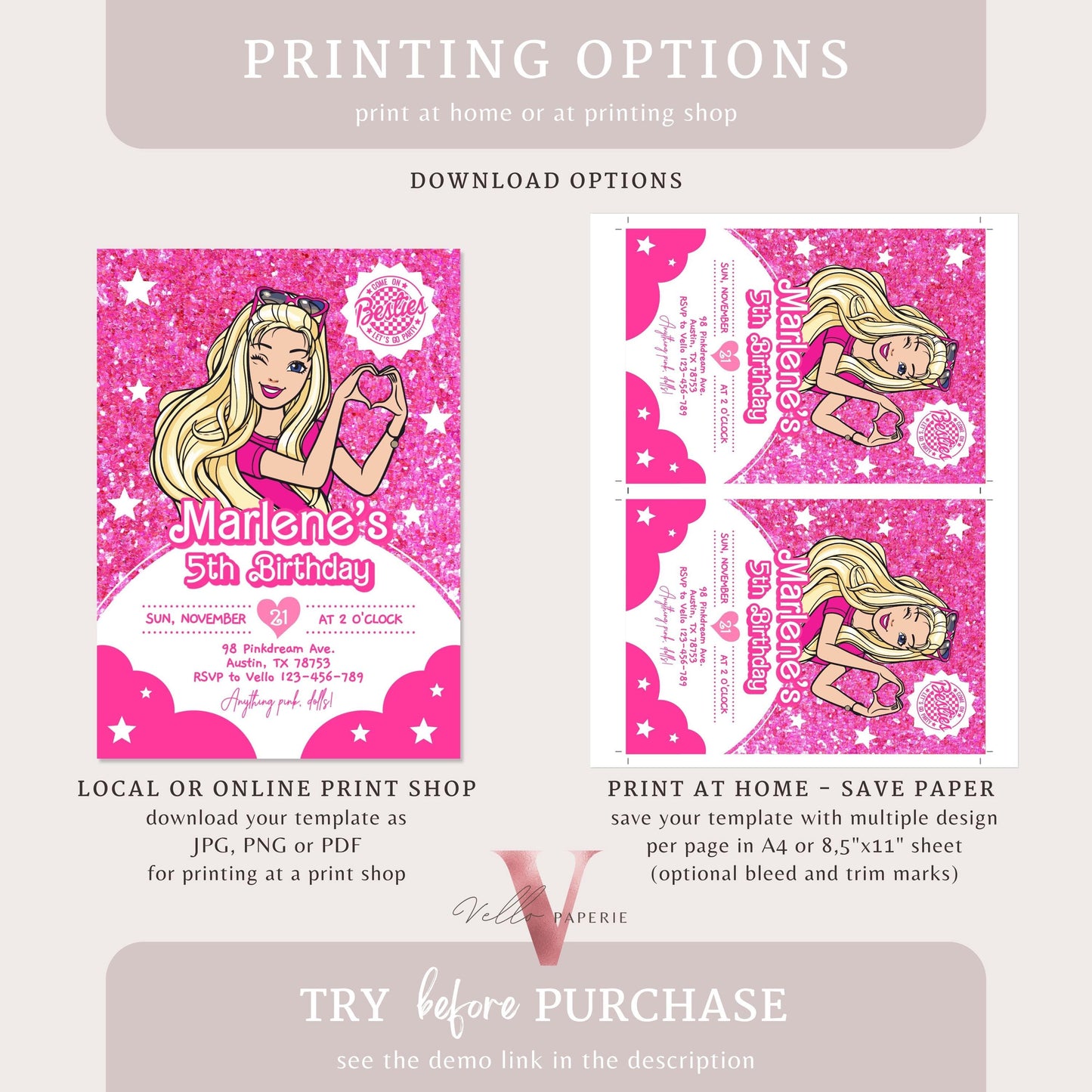 Editable Fashion Pink Doll Sparkle Cartoon Birthday Invitation | Pink Doll Glitter | Cute Pink Barbi Princess Party Invite Instant  HPD02