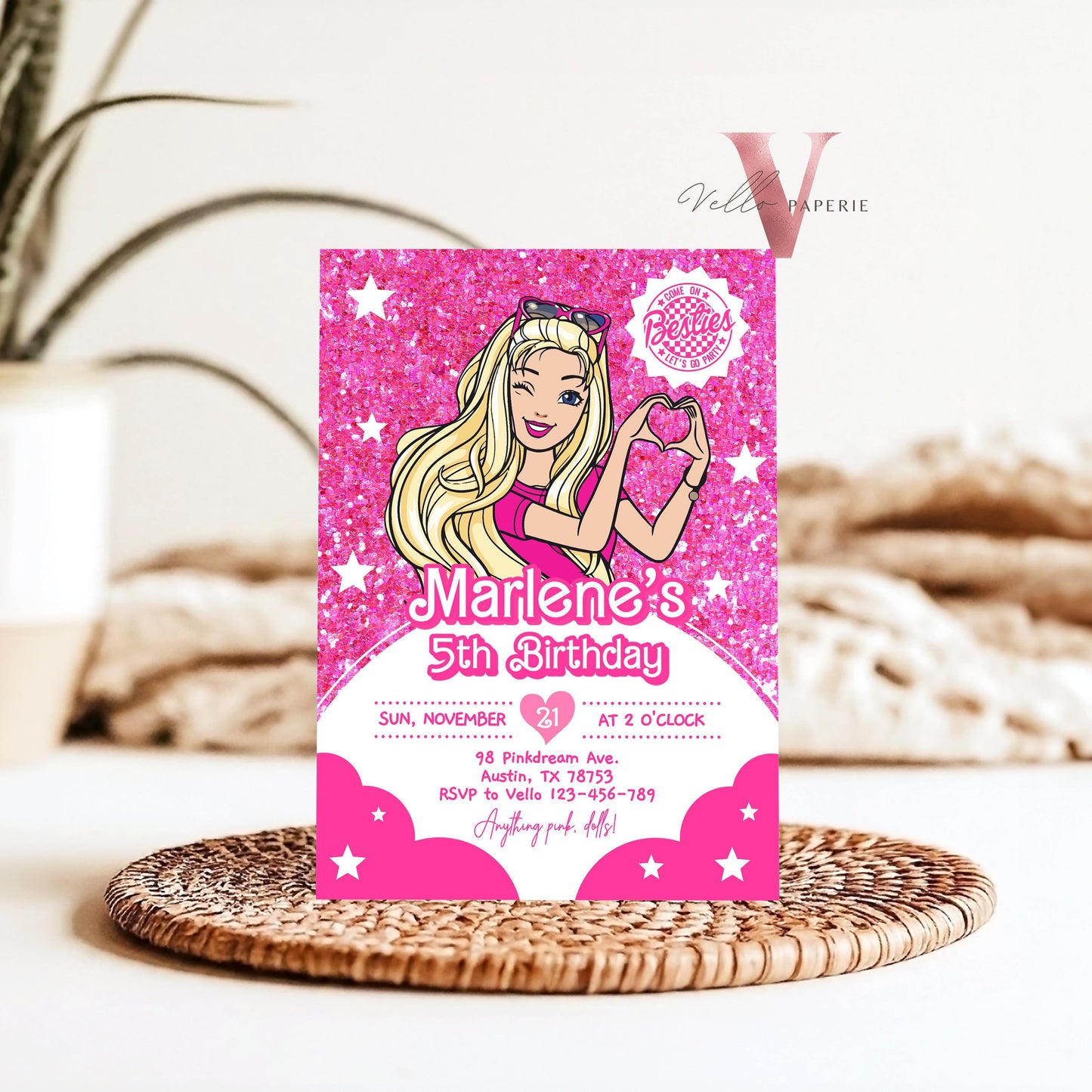 Editable Fashion Pink Doll Sparkle Cartoon Birthday Invitation | Pink Doll Glitter | Cute Pink Barbi Princess Party Invite Instant  HPD02