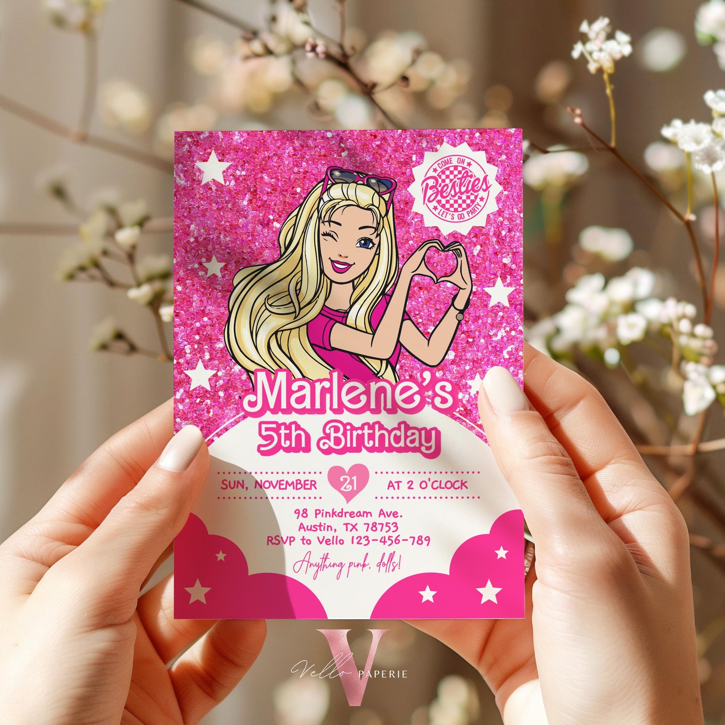 Editable Fashion Pink Doll Sparkle Cartoon Birthday Invitation | Pink Doll Glitter | Cute Pink Barbi Princess Party Invite Instant  HPD02