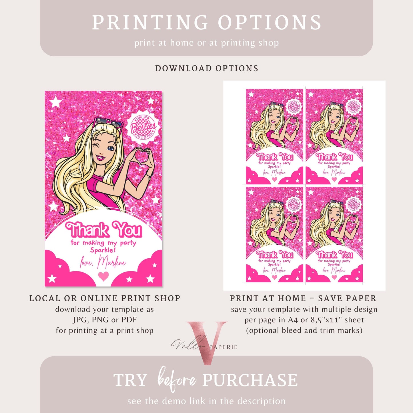 Editable Fashion Pink Doll Sparkle Cartoon Birthday Thankyou Card |Cartoon Pink Doll Glitter Come On Lets Go Party Favor, Gift Tag HPD02