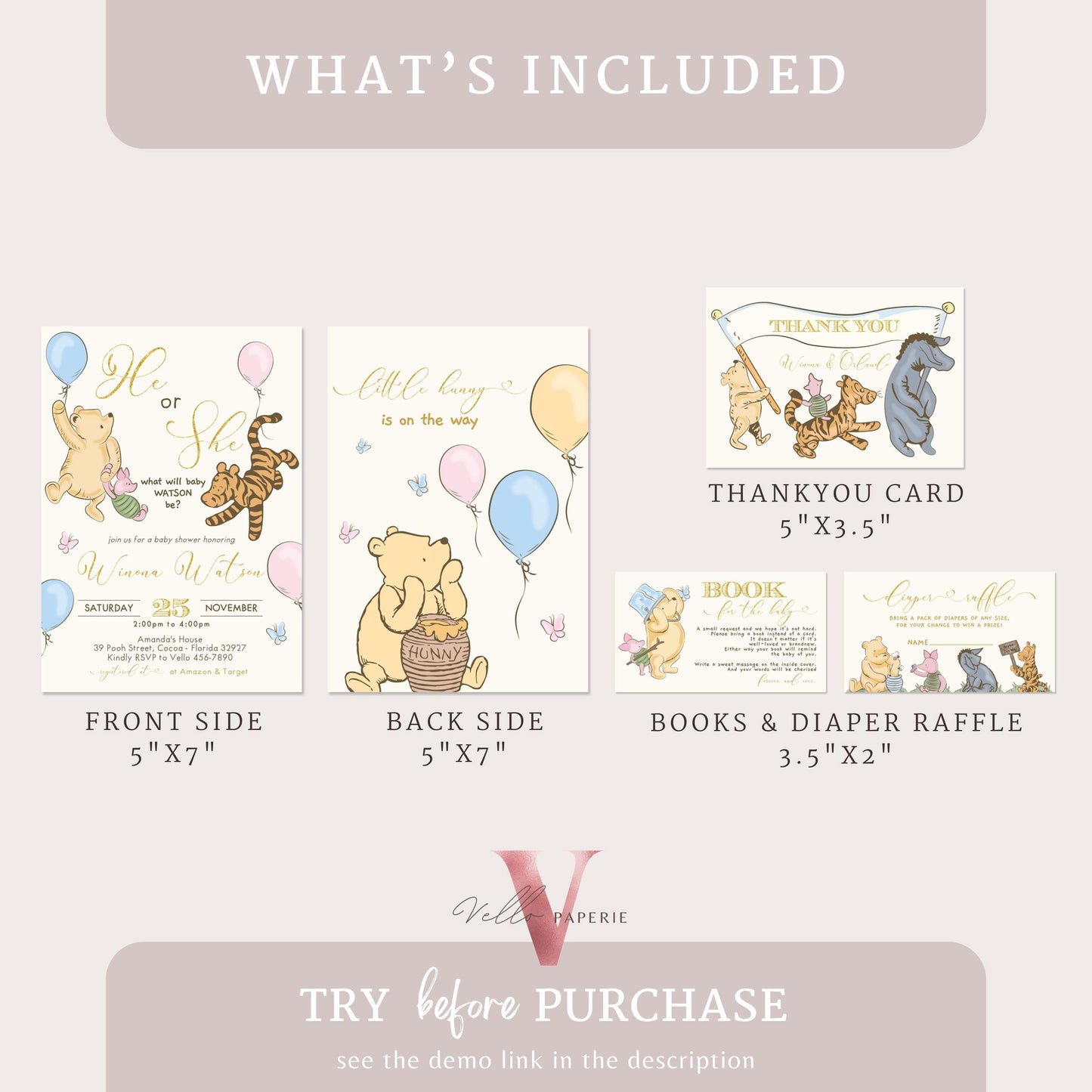 Winnie the Pooh Baby Shower Invitation | Editable Printable Beige Gold Pooh Baby Shower Party Invite | Honey Bee Gender Reveal Party Invite