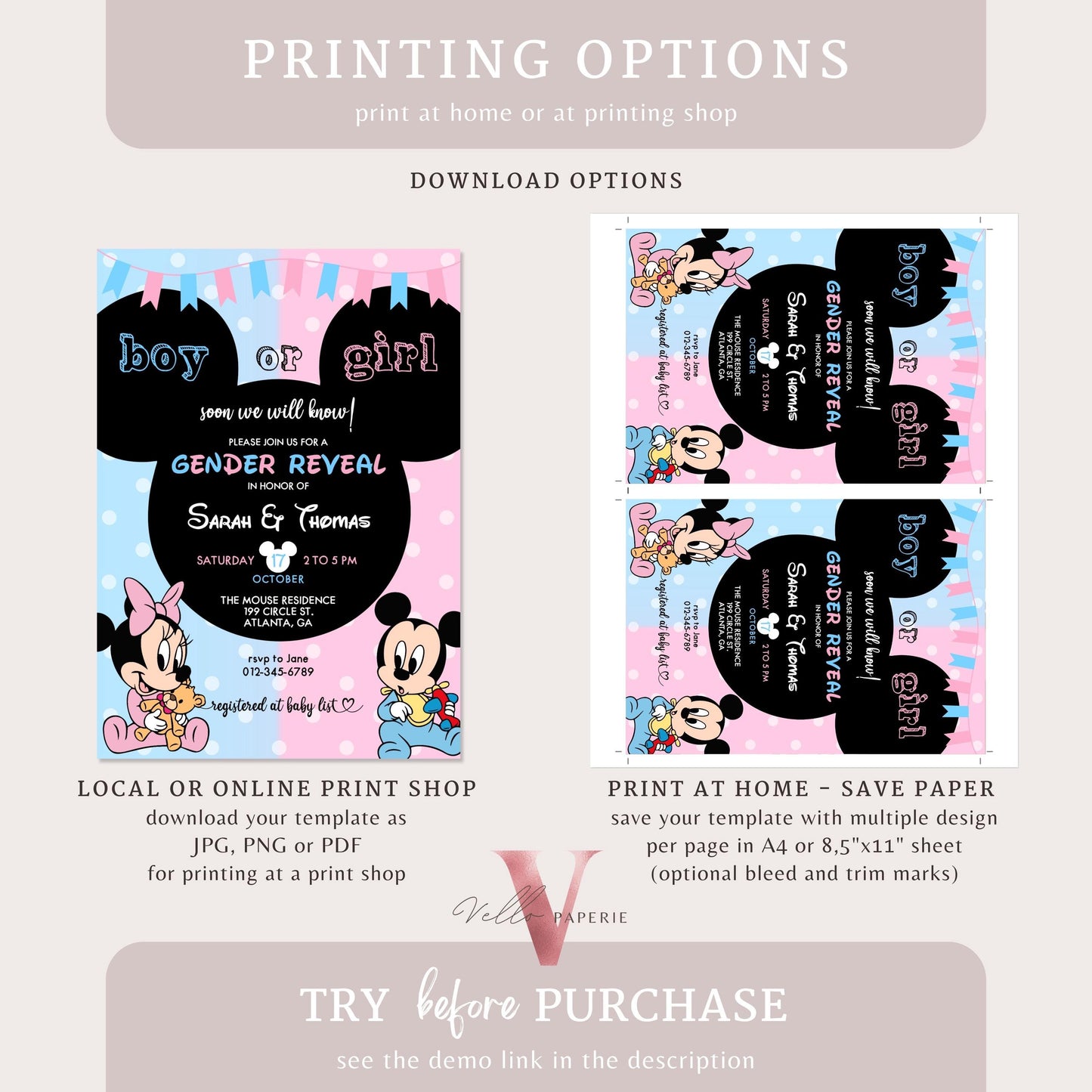 Minnie Mickey Mouse Baby Shower Invitation | Editable Printable Blue Pink Baby Shower Party Invite | Boy or Girl Gender Reveal Party MBS02