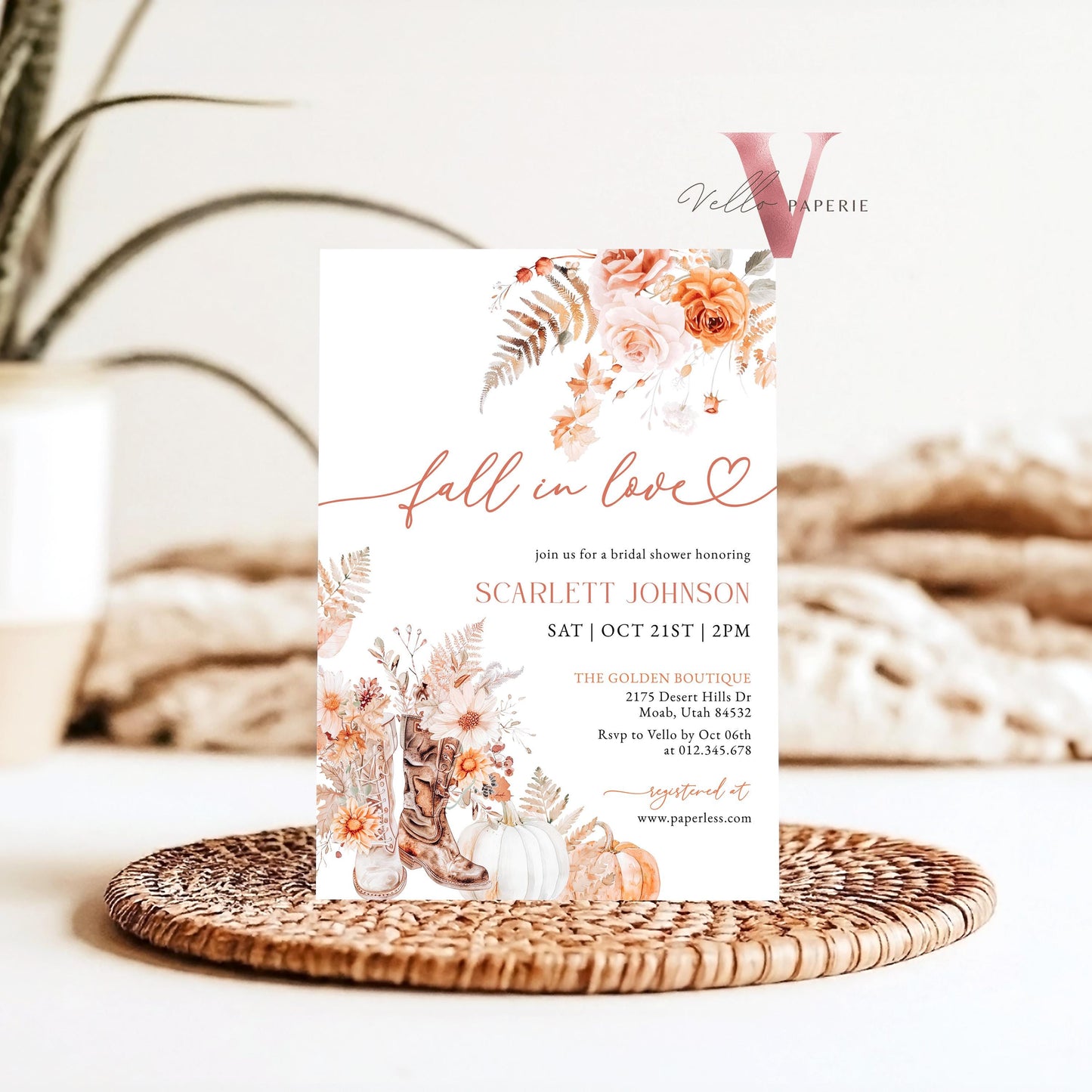 Fall In Love Bridal Shower Invitation | Editable Autumn Shoe Flower Bride Shower Invite | Modern Terracota Rustic Flower Wedding Shower,