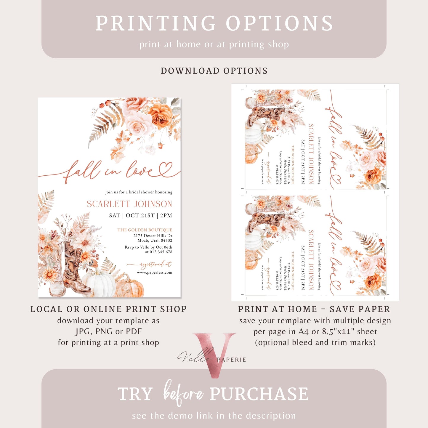 Fall In Love Bridal Shower Invitation | Editable Autumn Shoe Flower Bride Shower Invite | Modern Terracota Rustic Flower Wedding Shower,