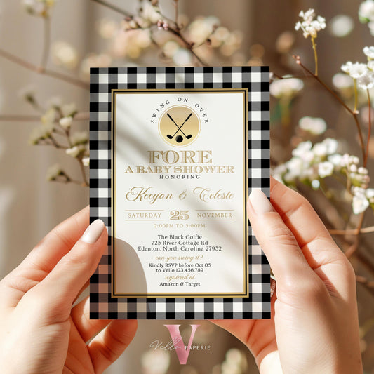 Black White Gold FORE Baby Shower Invitation | Editable Neutral Golf Themed Par-tee For Baby | Boy or Girl Gender Reveal Golf Party Invite