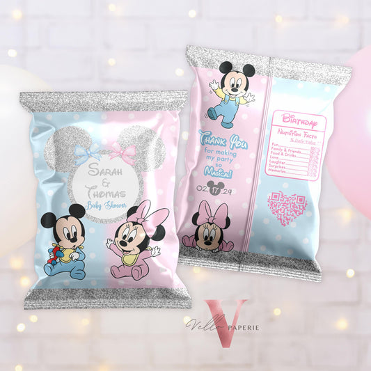 Editable Minnie Mickey Mouse Baby Shower Party Favor | Blue and Pink Party Minnie Mickey Baby Shower Chips Bag, Snack Bag, Party Decor MBS01