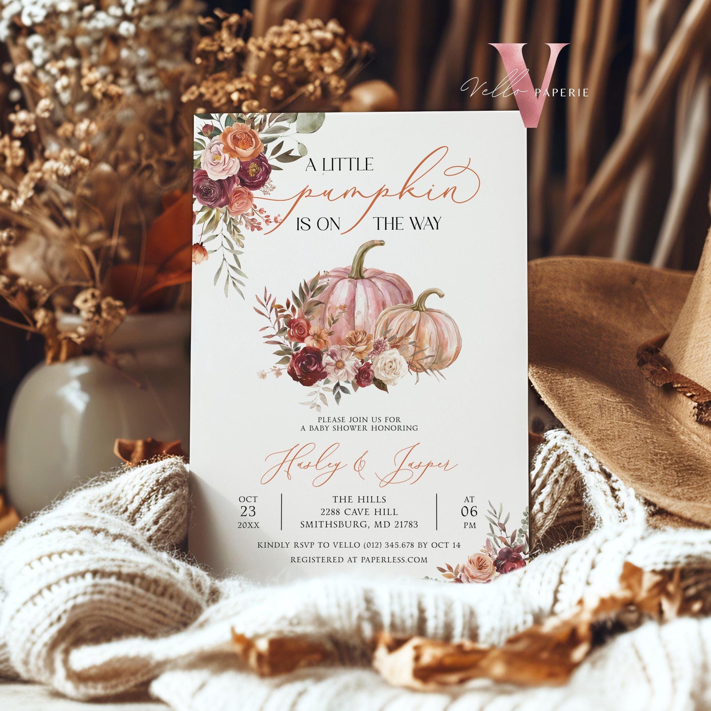Little Pumpkin Fall Baby Shower Invitation | Autumn Floral Pumpkin Baby Shower Invite | Modern Boho Burgundy Orange Pumpkin Baby Flower