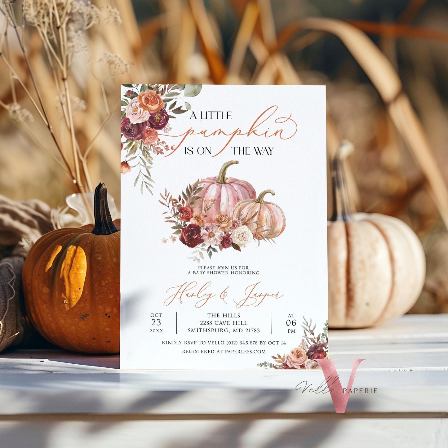 Little Pumpkin Fall Baby Shower Invitation | Autumn Floral Pumpkin Baby Shower Invite | Modern Boho Burgundy Orange Pumpkin Baby Flower