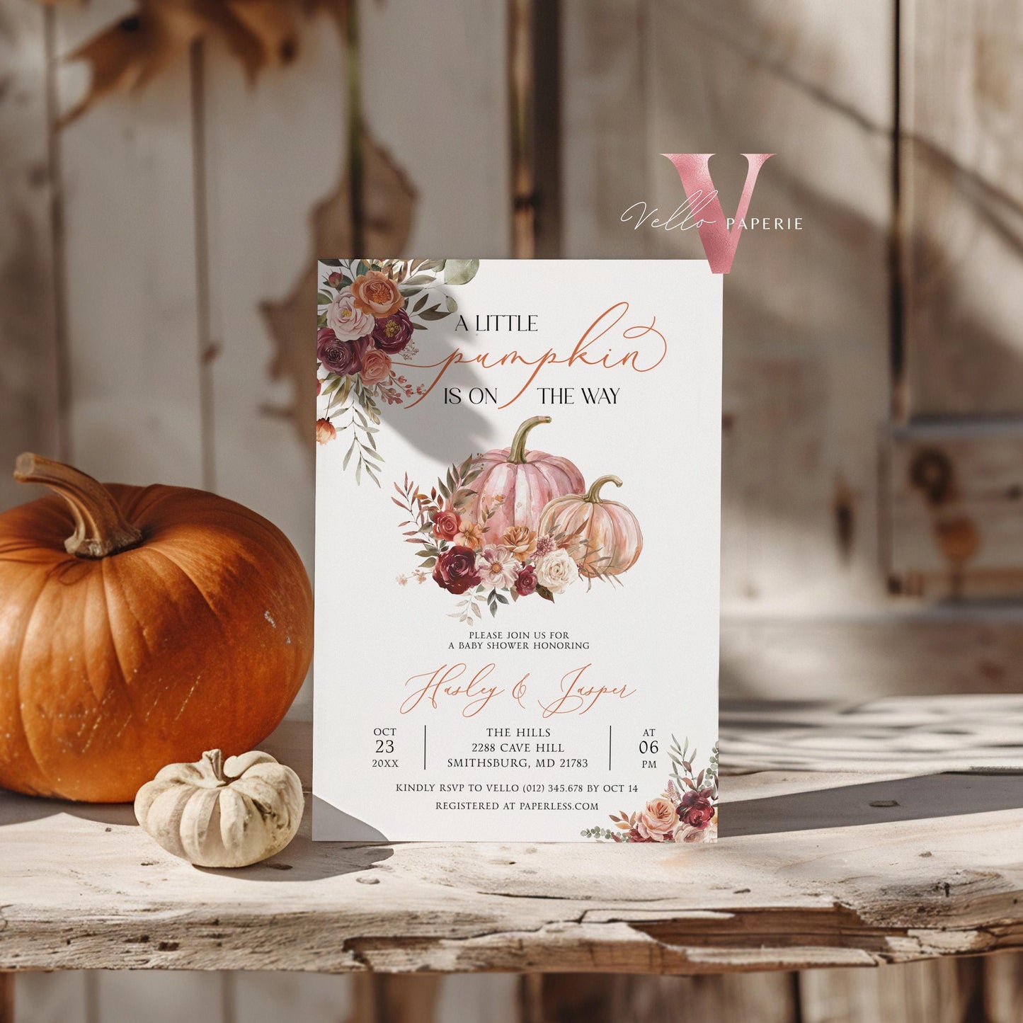Little Pumpkin Fall Baby Shower Invitation | Autumn Floral Pumpkin Baby Shower Invite | Modern Boho Burgundy Orange Pumpkin Baby Flower