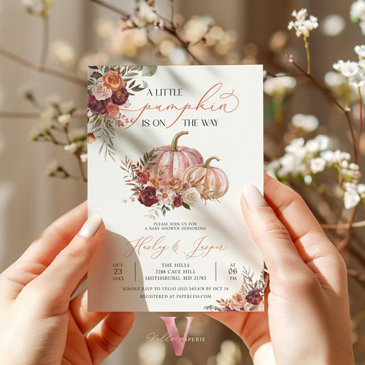 Little Pumpkin Fall Baby Shower Invitation | Autumn Floral Pumpkin Baby Shower Invite | Modern Boho Burgundy Orange Pumpkin Baby Flower