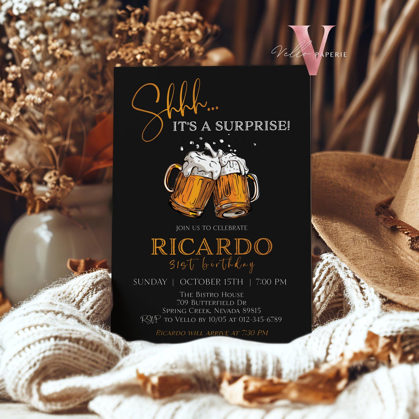 Beer Surprise Birthday Party Invitation | 30th 40th 50th Adult Birthday Invite | Self Editable Gold Black Adult Printable Instant Template