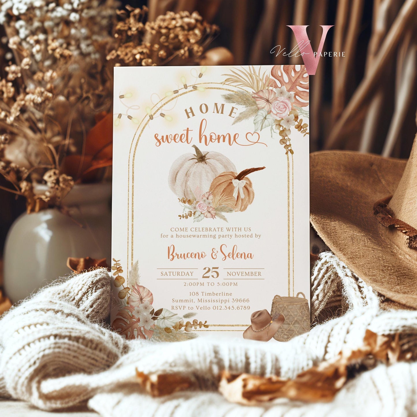 Boho Floral House Warming Invitation | FALL Beige Pumpkin Home Sweet Home Party Invite | Modern Rustic New House Celebration Autumn Flower