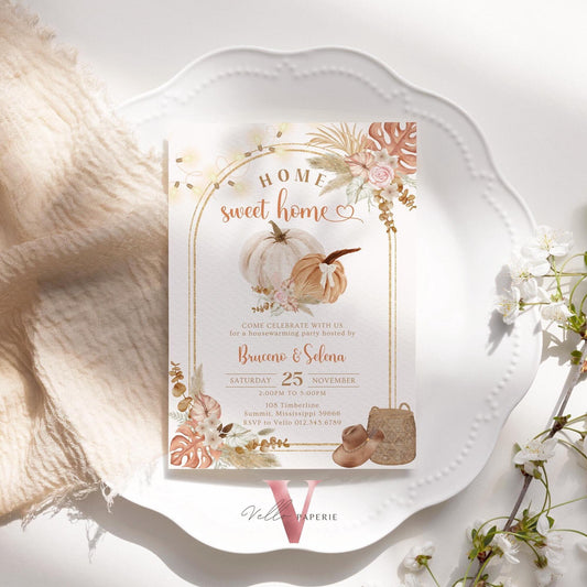 Boho Floral House Warming Invitation | FALL Beige Pumpkin Home Sweet Home Party Invite | Modern Rustic New House Celebration Autumn Flower