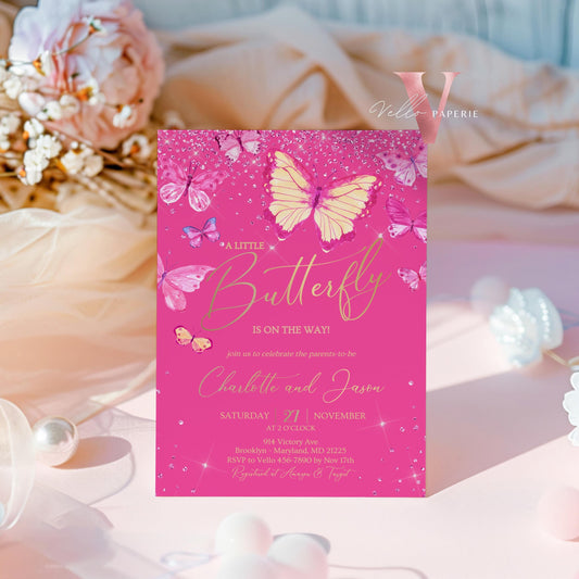 Pink Gold Watercolor Butterfly Baby Shower Party Invitation | A little butterfly Welcome Baby Party Invite | Hot Pink Sparkle Baby Butterfly