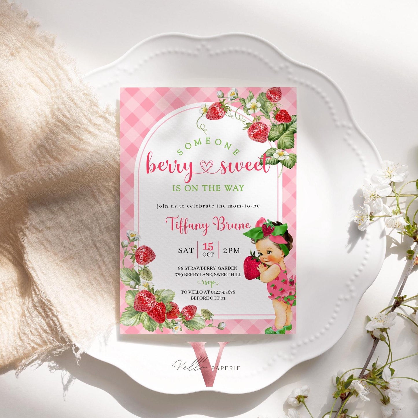 Any Skin Tone Strawberry Baby Shower Invitation | Berry Sweet Baby on the Way Invite | Sweet Berry Baby Shower Invite | Baby Girl Reveal