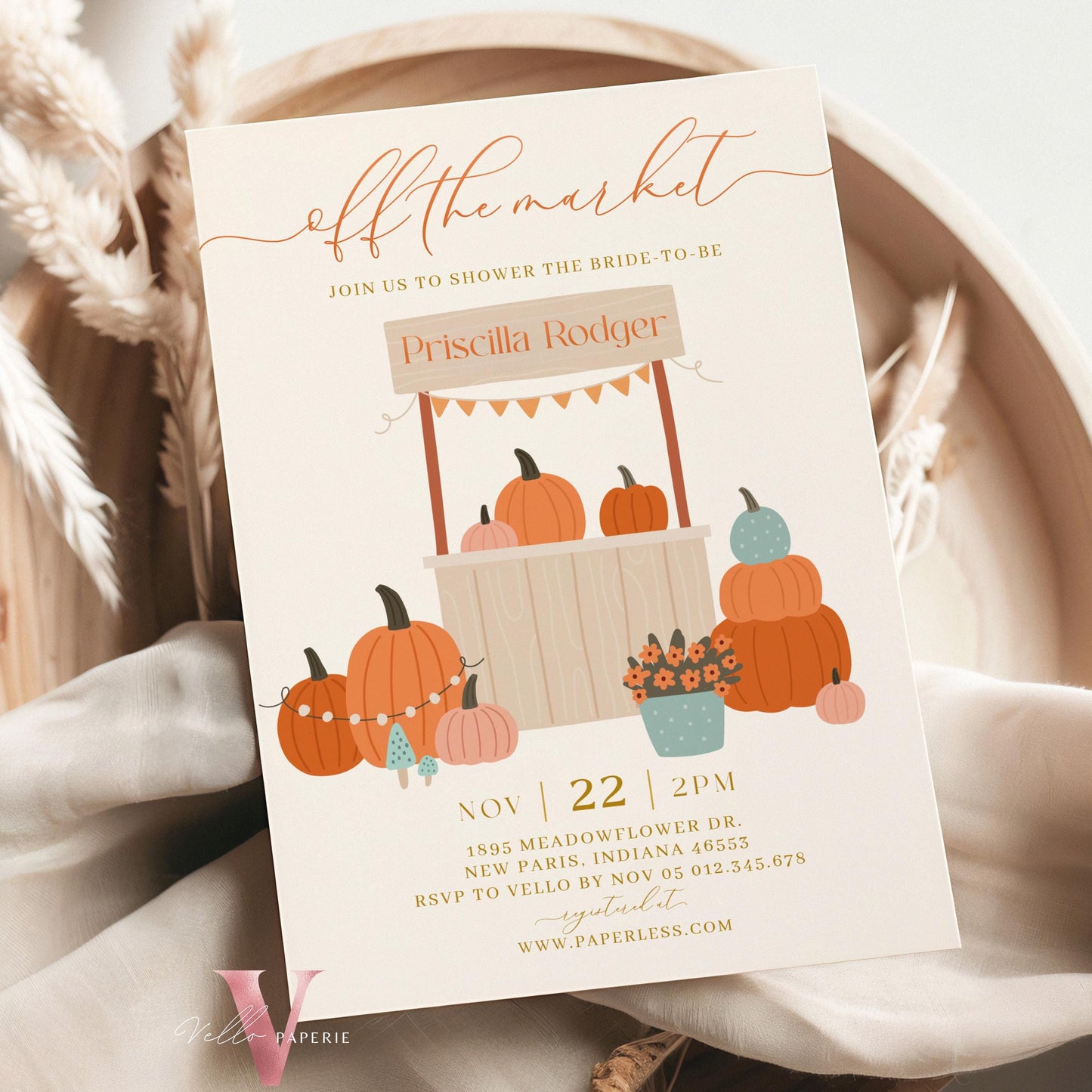 Grocery Off the Market Bridal Shower Party Invitation | She's off the Market Invite | Gold Red Farmer's Market Watercolor Bride Instant