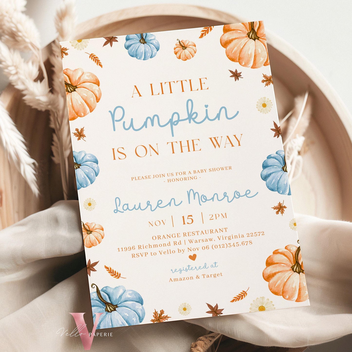 Neutral Gender Little Pumpkin Fall Baby Shower Invitation | Autumn Floral Pumpkin Baby Shower Invite | Modern Boho Blue Orange Pumpkin Baby