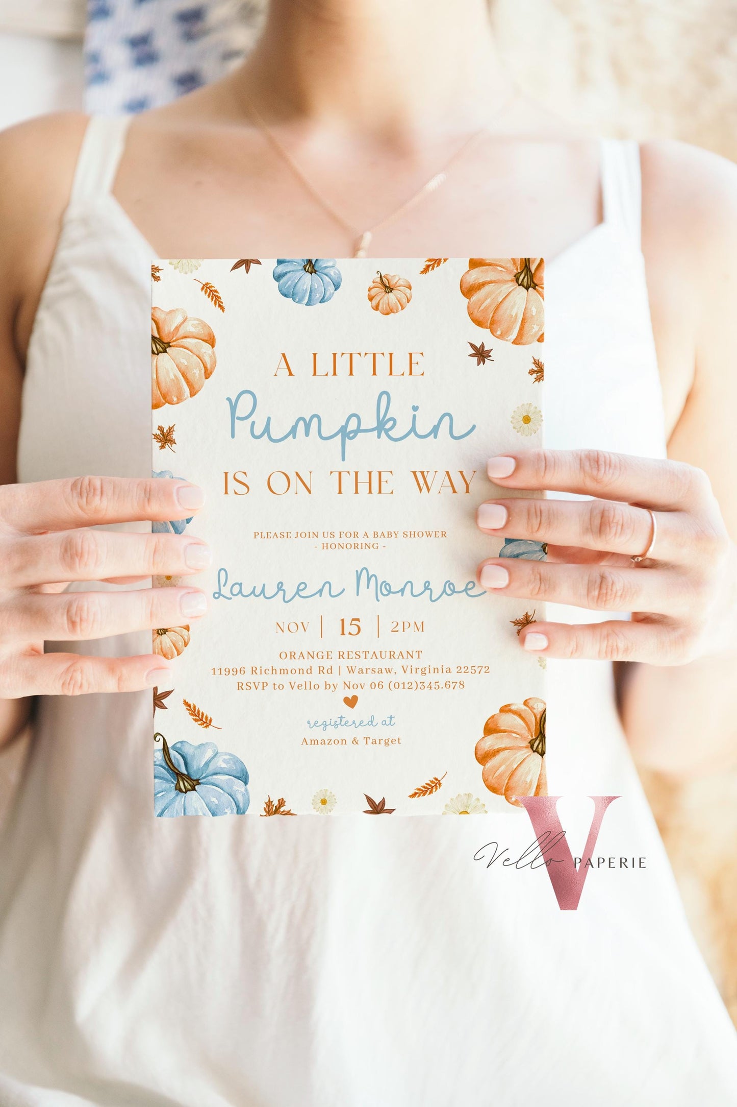 Neutral Gender Little Pumpkin Fall Baby Shower Invitation | Autumn Floral Pumpkin Baby Shower Invite | Modern Boho Blue Orange Pumpkin Baby