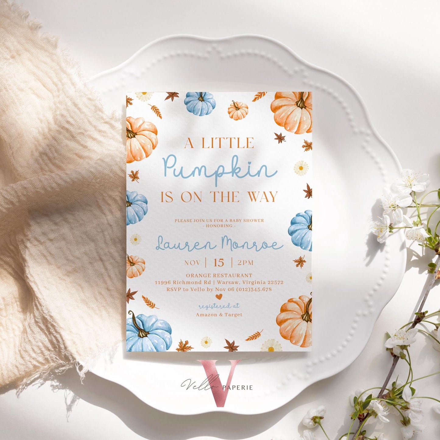 Neutral Gender Little Pumpkin Fall Baby Shower Invitation | Autumn Floral Pumpkin Baby Shower Invite | Modern Boho Blue Orange Pumpkin Baby