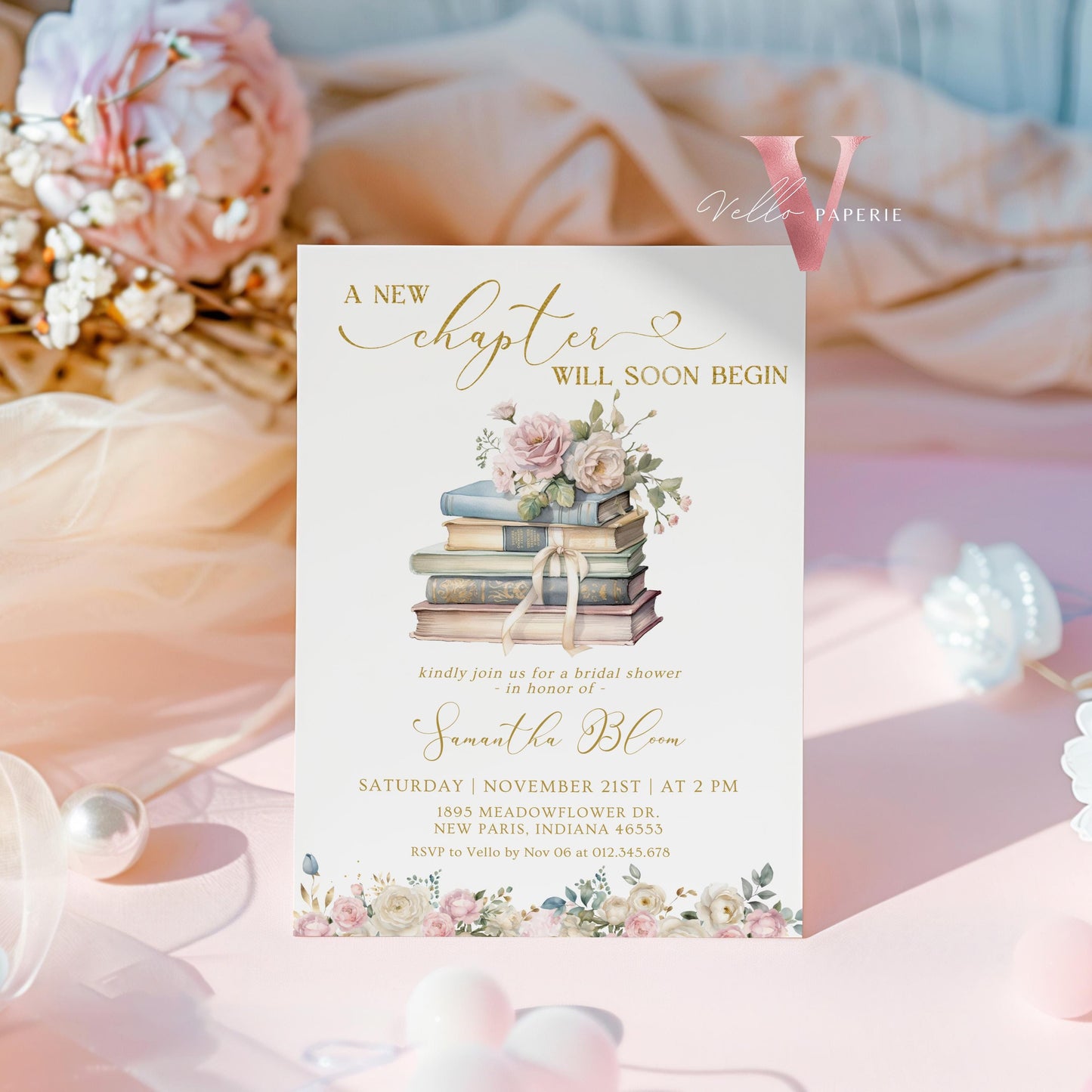 Neutral Gold Storybook Bridal Shower Invitation | New Chapter is About to Begin Book Bridal Shower Invite | Book Lover Bride Shower Editable