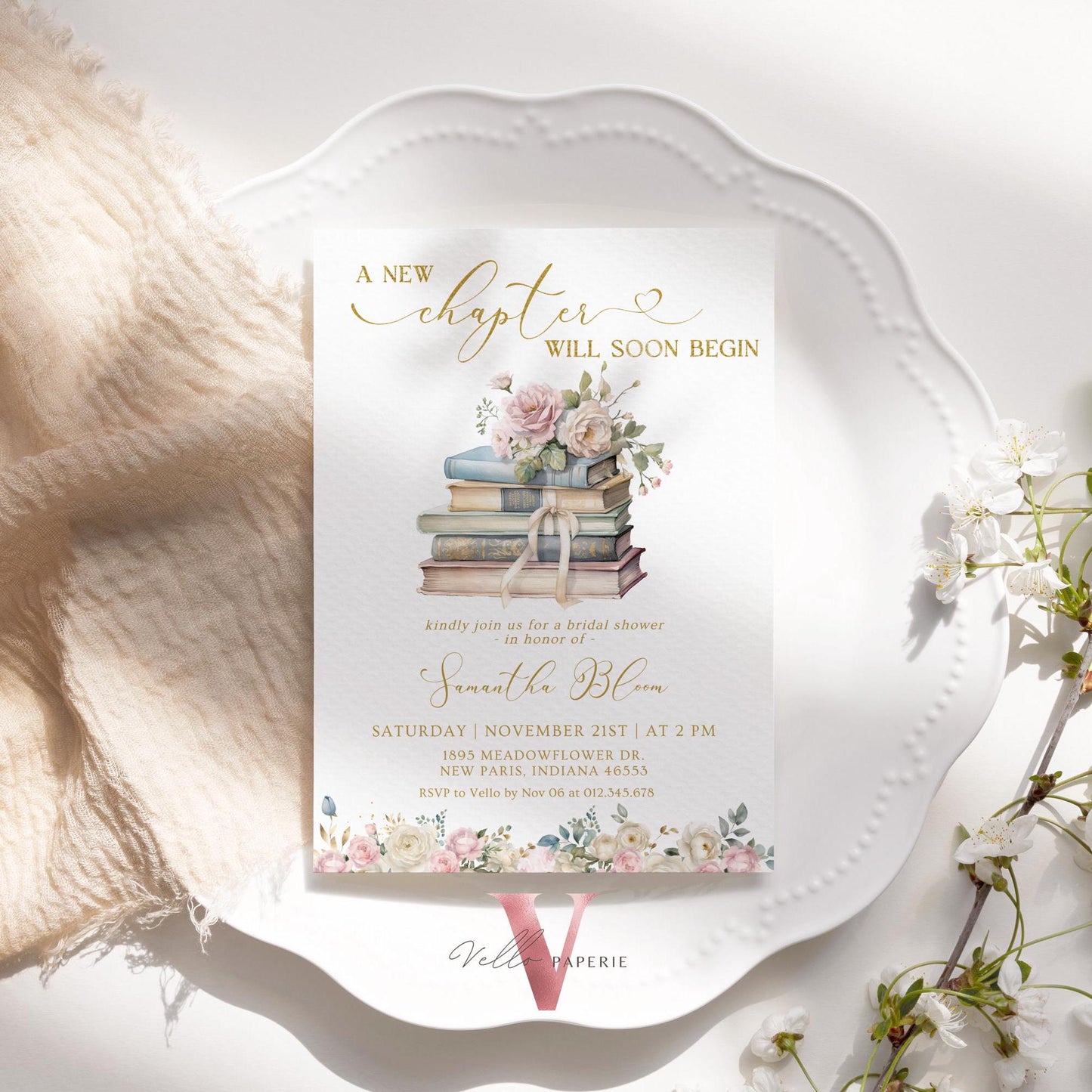 Neutral Gold Storybook Bridal Shower Invitation | New Chapter is About to Begin Book Bridal Shower Invite | Book Lover Bride Shower Editable