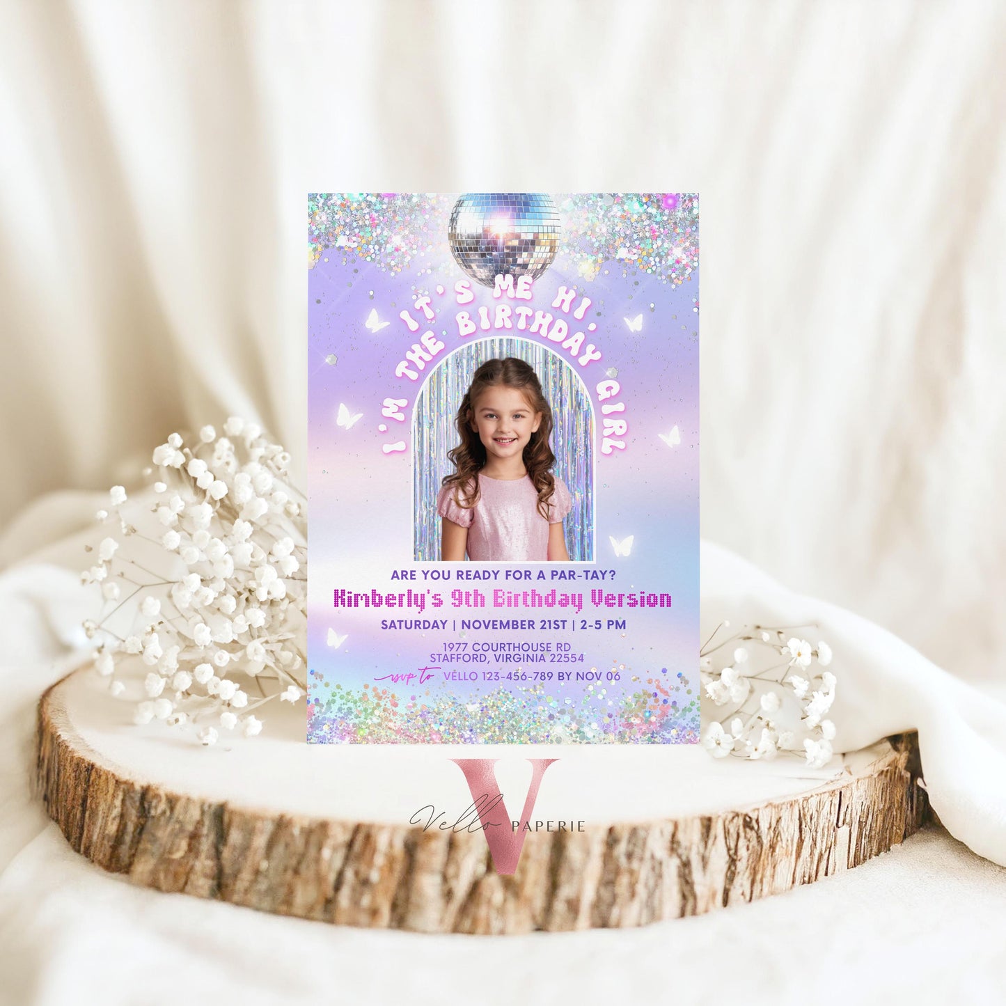 Swifti Par-Tay Birthday Party Invitation Photo | Purple Silver Sparkle Taylor Eras Music Party Invite | It's Me Hi In My Birthday Era TSP01