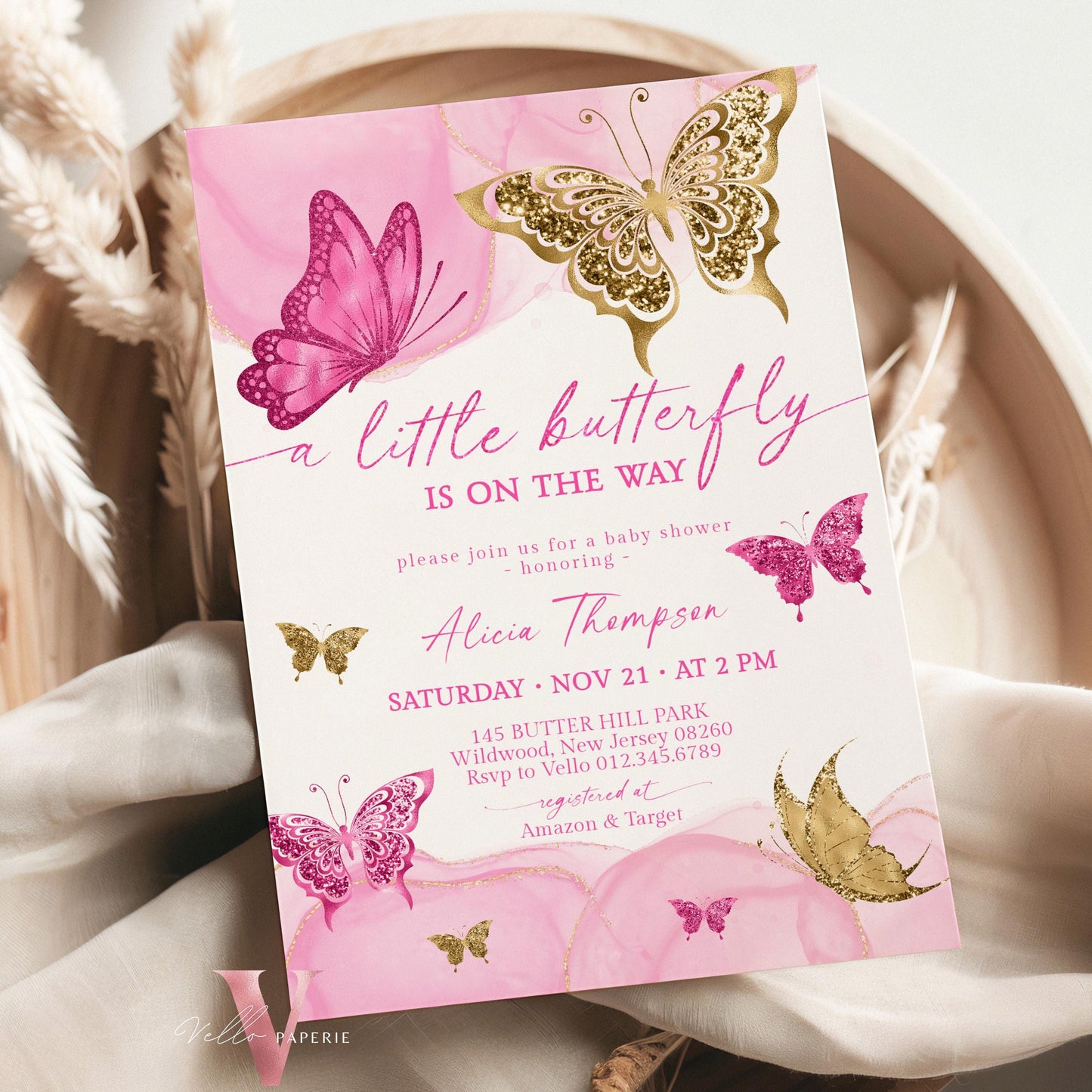 Bundle Pink Gold Watercolor Butterfly Baby Shower Party Invitation | Baby Butterfly Welcome Party Invite | Diaper Raffle, Book for Baby, TQ