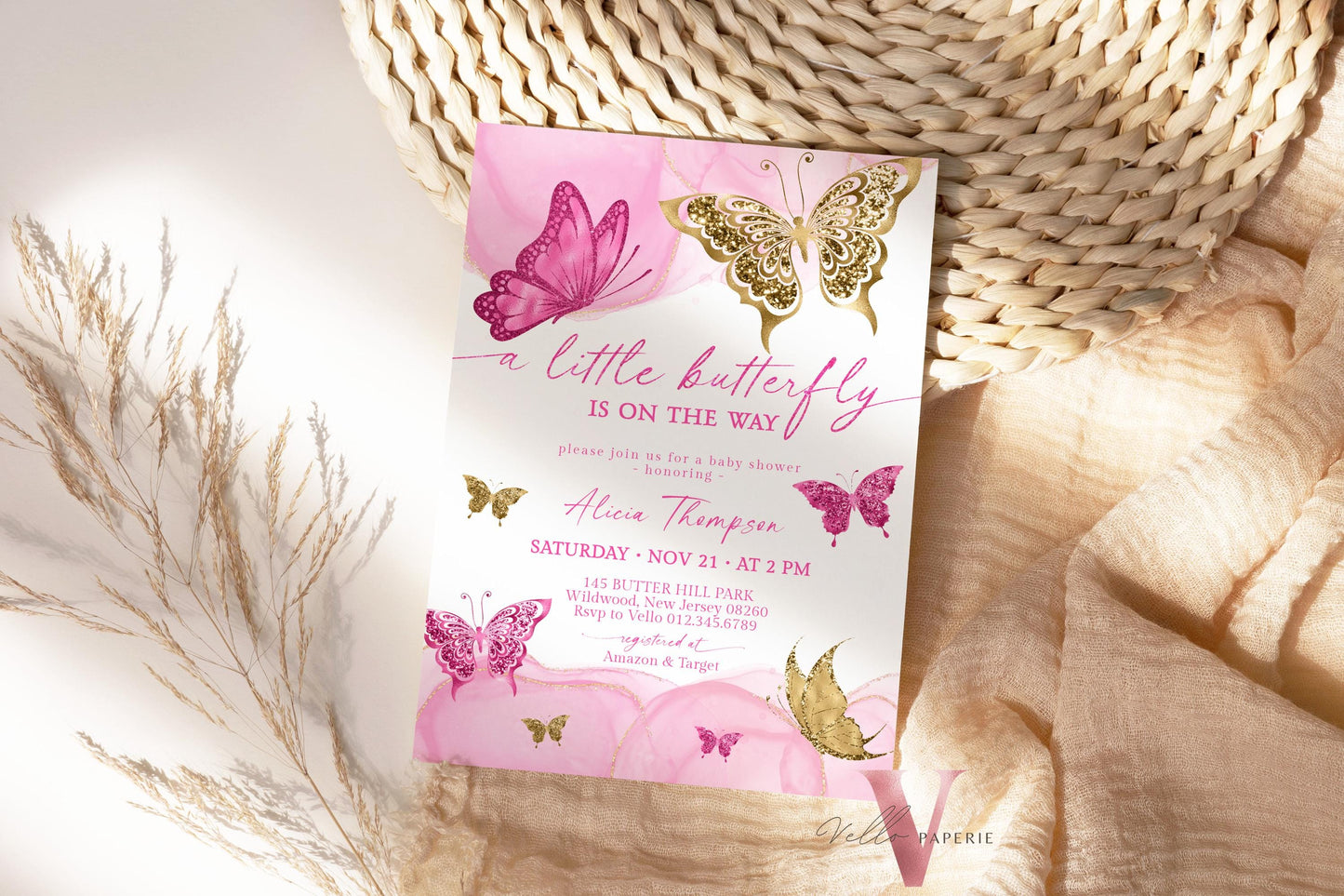 Bundle Pink Gold Watercolor Butterfly Baby Shower Party Invitation | Baby Butterfly Welcome Party Invite | Diaper Raffle, Book for Baby, TQ