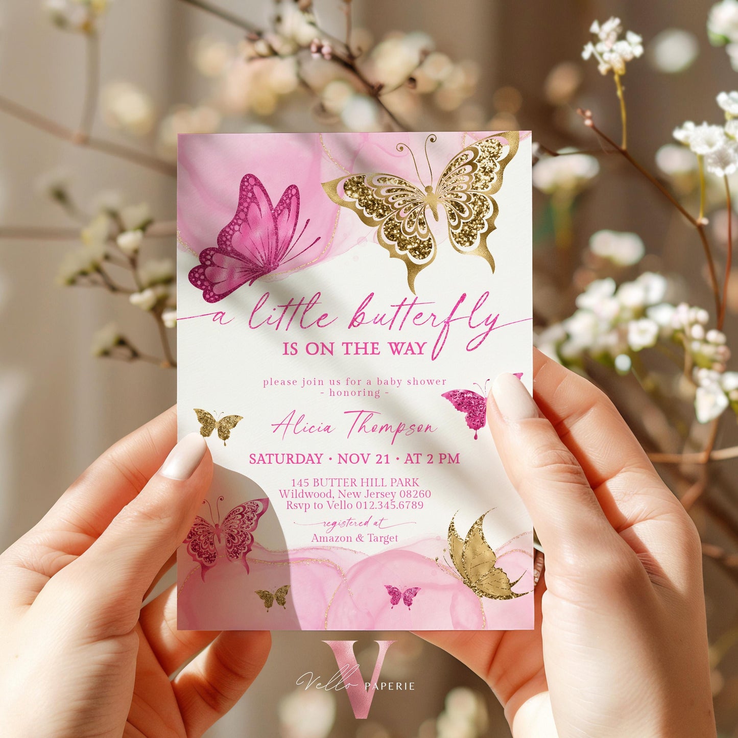 Bundle Pink Gold Watercolor Butterfly Baby Shower Party Invitation | Baby Butterfly Welcome Party Invite | Diaper Raffle, Book for Baby, TQ