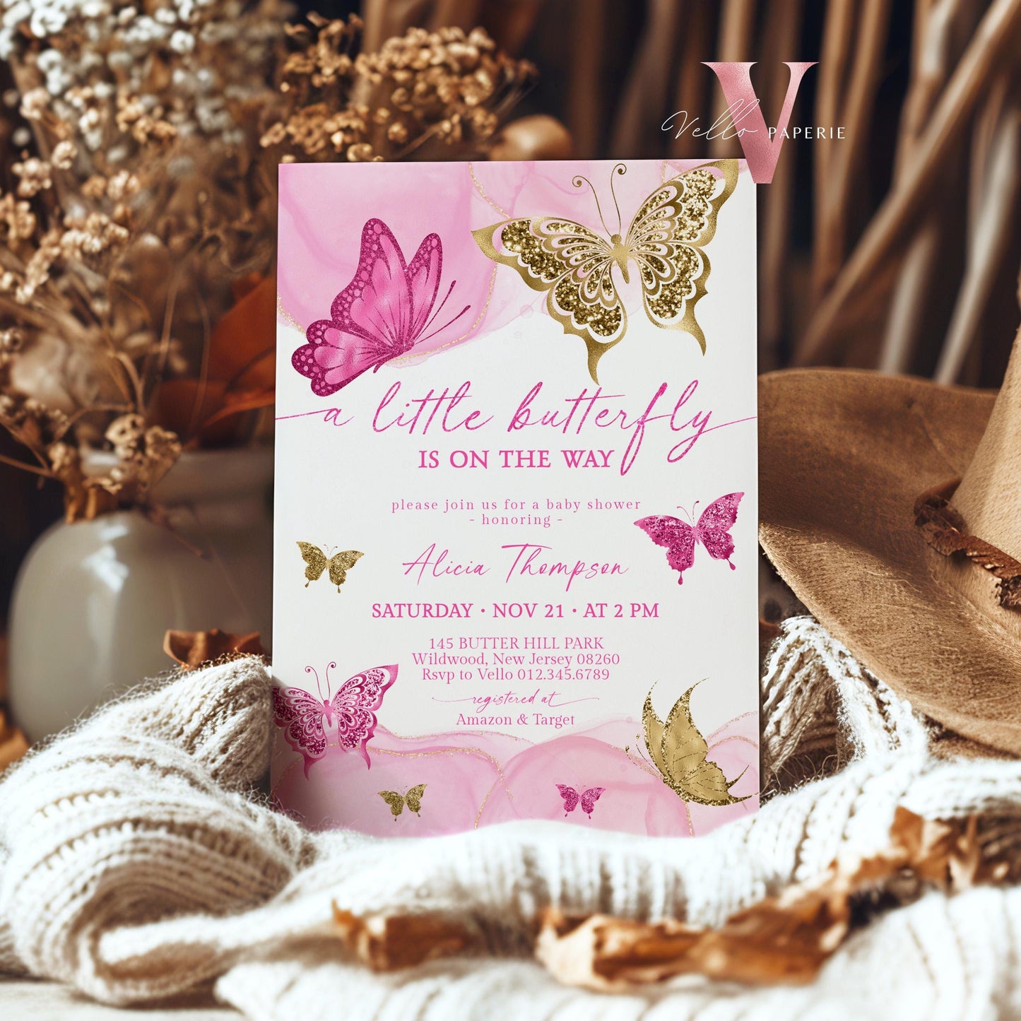 Bundle Pink Gold Watercolor Butterfly Baby Shower Party Invitation | Baby Butterfly Welcome Party Invite | Diaper Raffle, Book for Baby, TQ