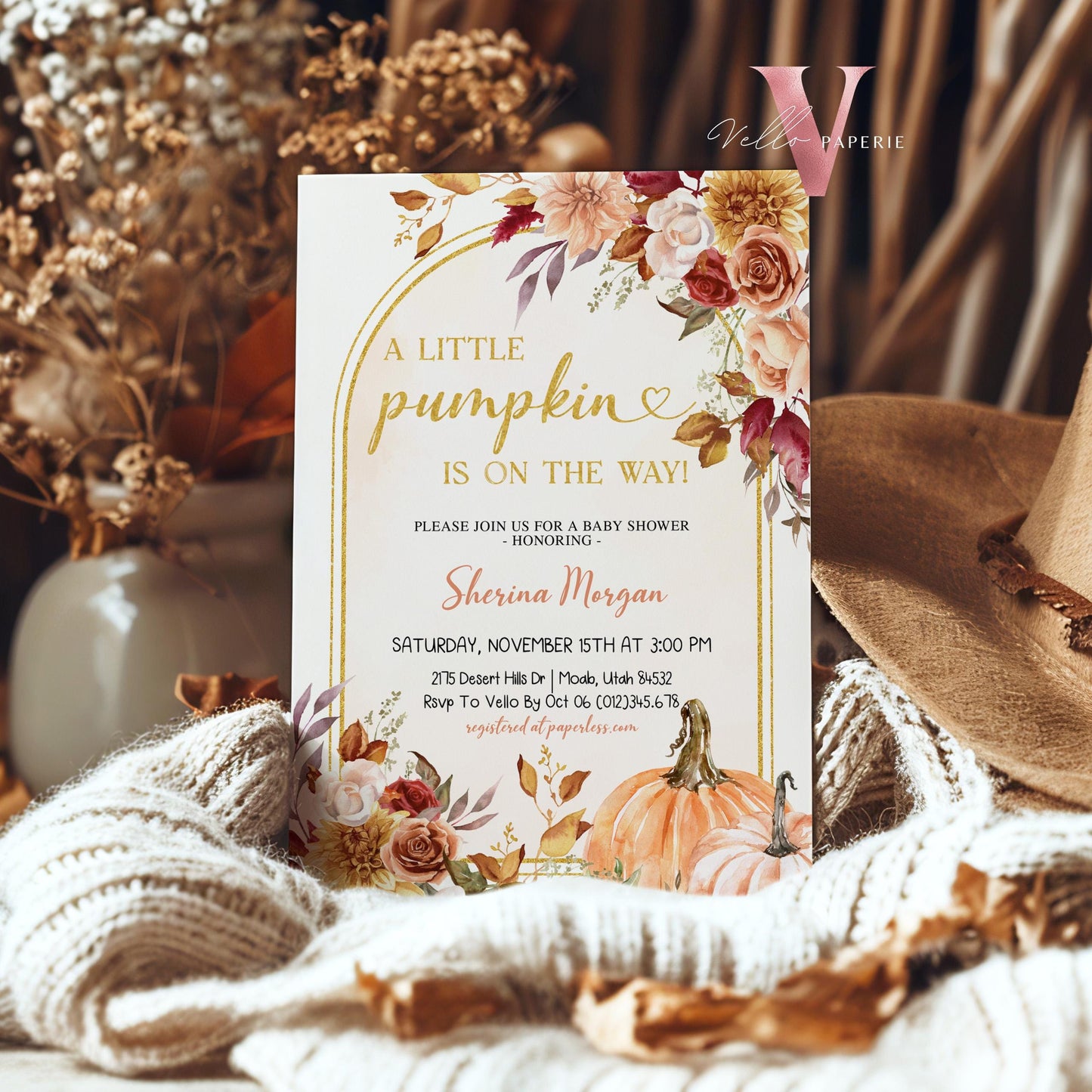 Little Pumpkin Fall Baby Shower Invitation Bundle | Autumn Floral Pumpkin Baby | Gold Baby Shower Invite, Diaper, Book, TQ, Favor Tag  FPB01