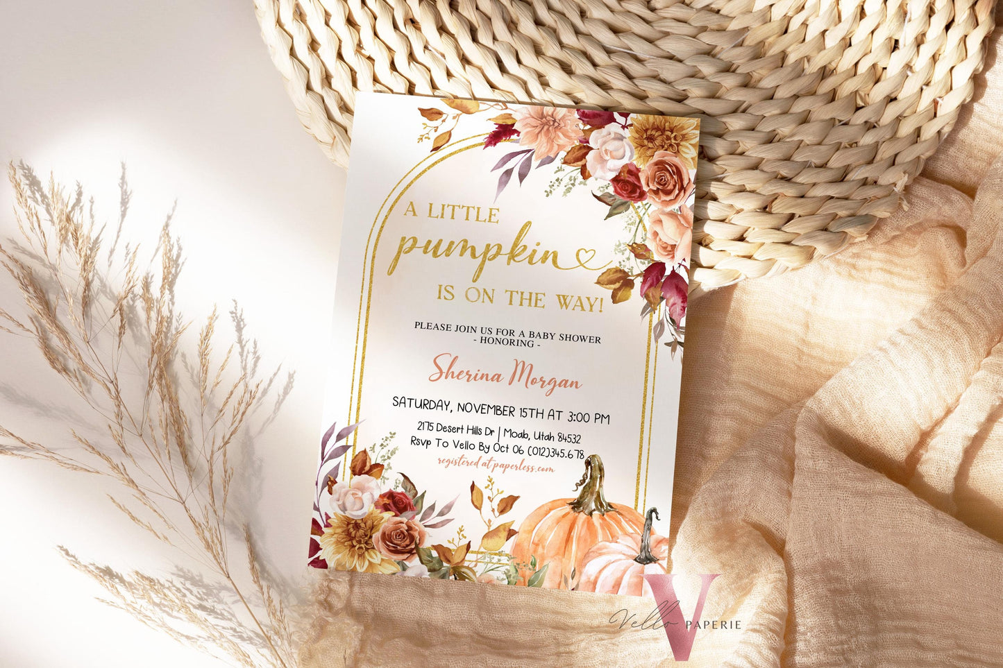 Little Pumpkin Fall Baby Shower Invitation Bundle | Autumn Floral Pumpkin Baby | Gold Baby Shower Invite, Diaper, Book, TQ, Favor Tag  FPB01