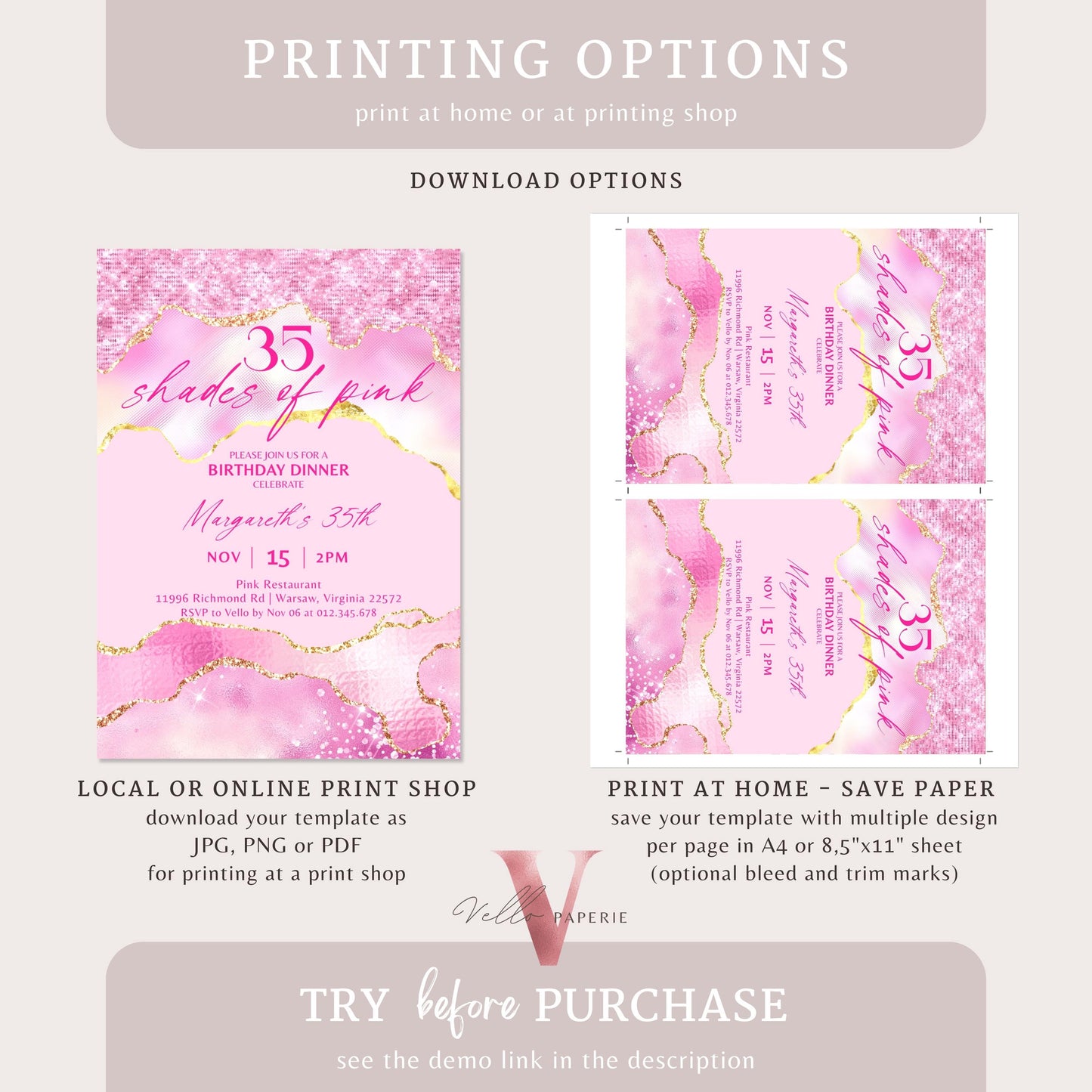 Any Age Shades of Pink Invitation | Editable Printable Pink with Gold Birthday Party Invitation | Agate Birthday Dinner Invite Pink Abstract