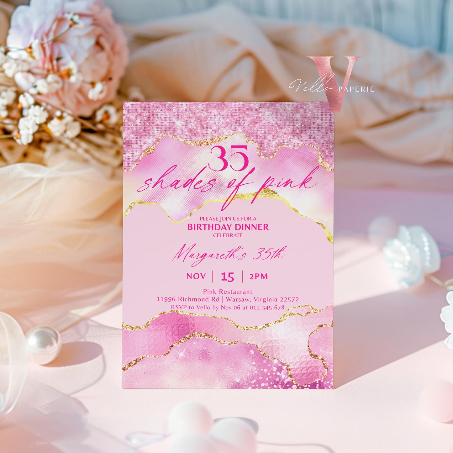 Any Age Shades of Pink Invitation | Editable Printable Pink with Gold Birthday Party Invitation | Agate Birthday Dinner Invite Pink Abstract