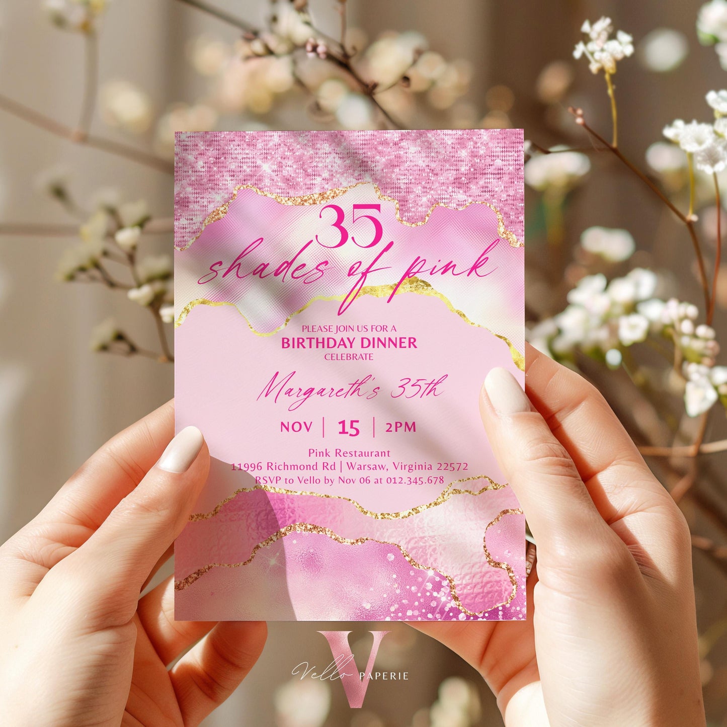 Any Age Shades of Pink Invitation | Editable Printable Pink with Gold Birthday Party Invitation | Agate Birthday Dinner Invite Pink Abstract