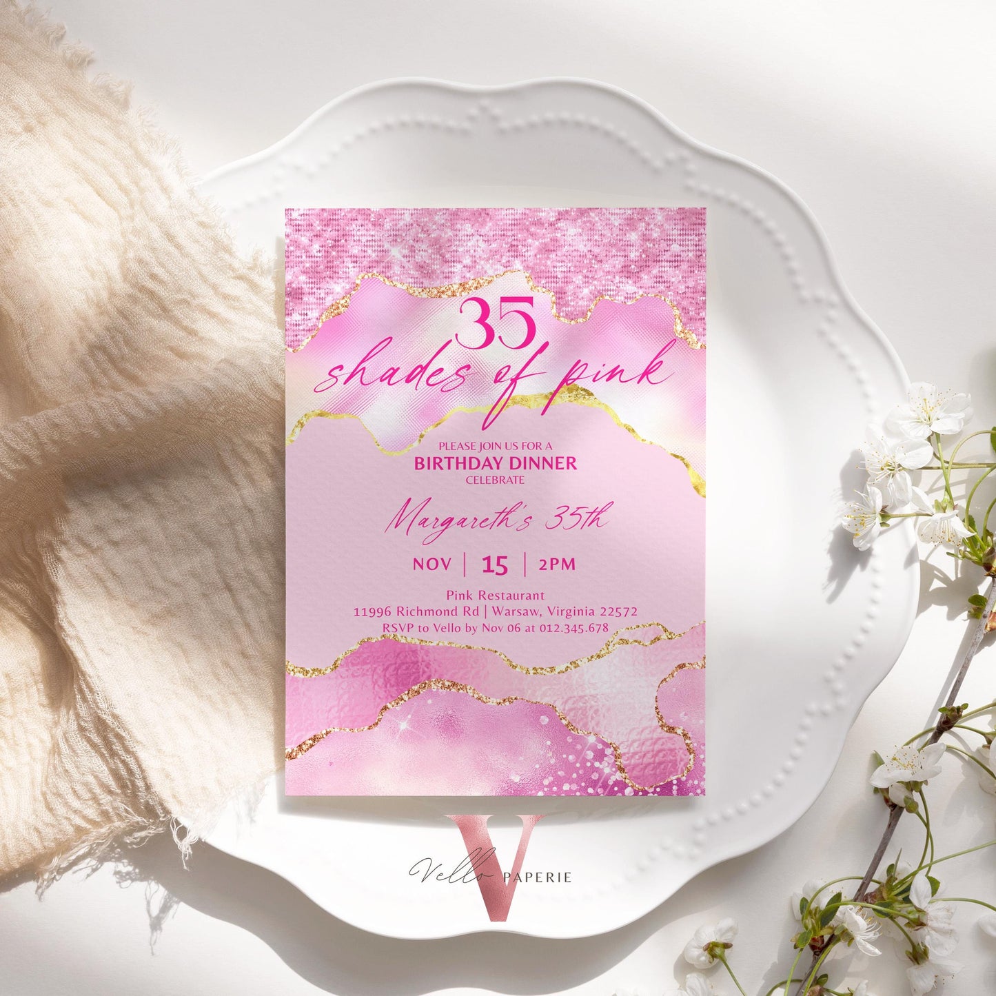 Any Age Shades of Pink Invitation | Editable Printable Pink with Gold Birthday Party Invitation | Agate Birthday Dinner Invite Pink Abstract