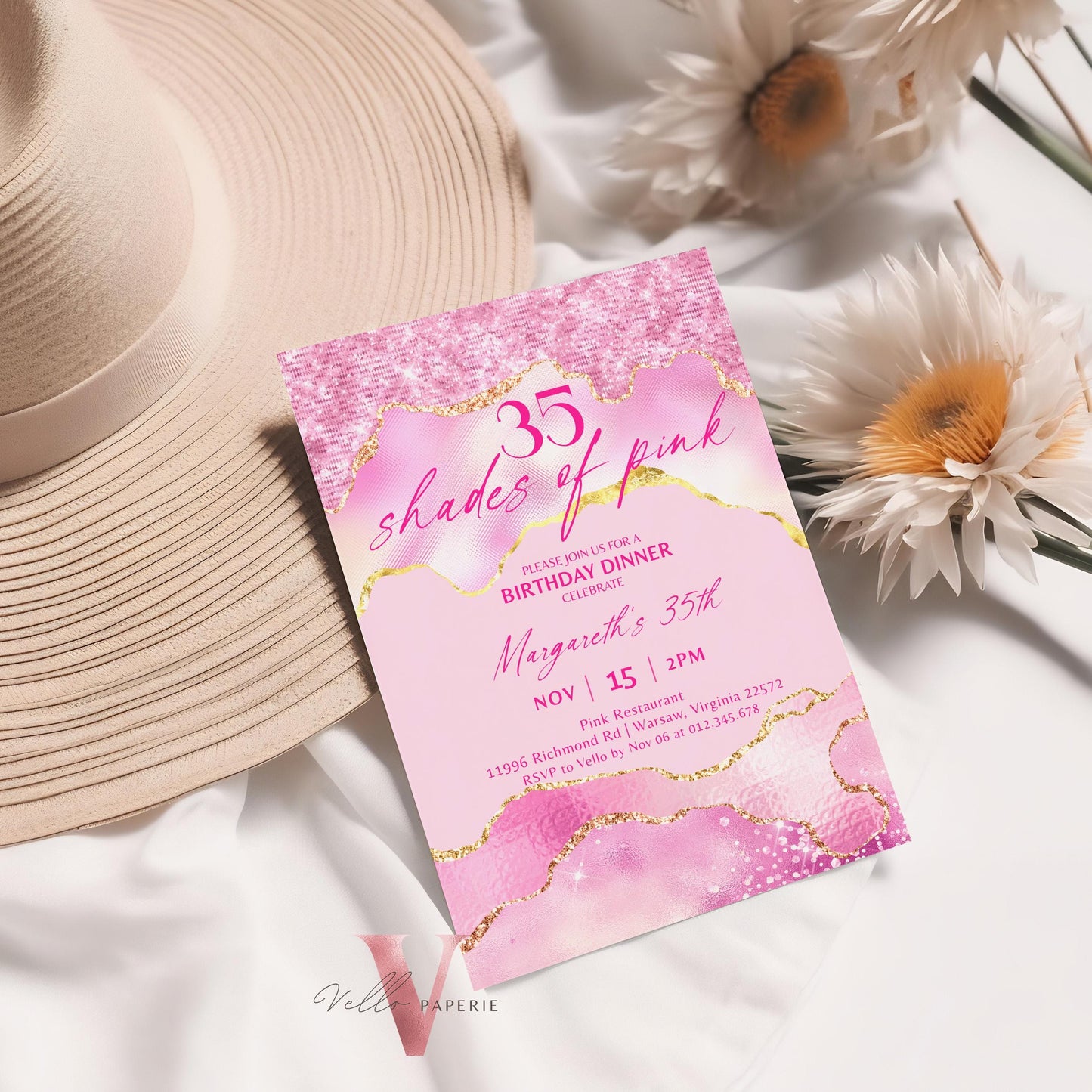 Any Age Shades of Pink Invitation | Editable Printable Pink with Gold Birthday Party Invitation | Agate Birthday Dinner Invite Pink Abstract