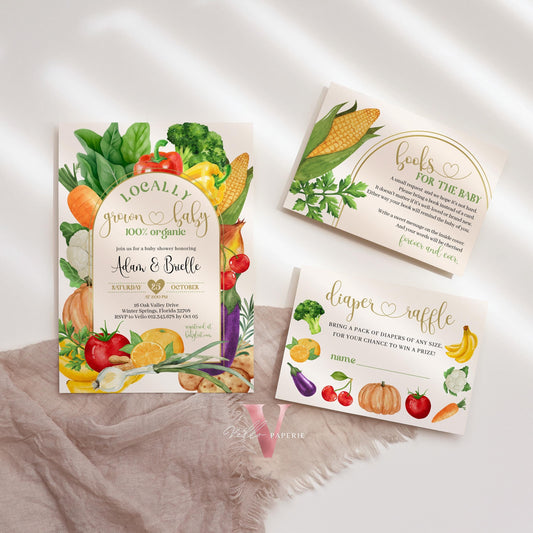 Locally Grown Baby Shower Invitation Bundle | Farmer's Market Baby Shower Invite | Organic Baby Shower Books for Baby, Diaper Raffle Instant